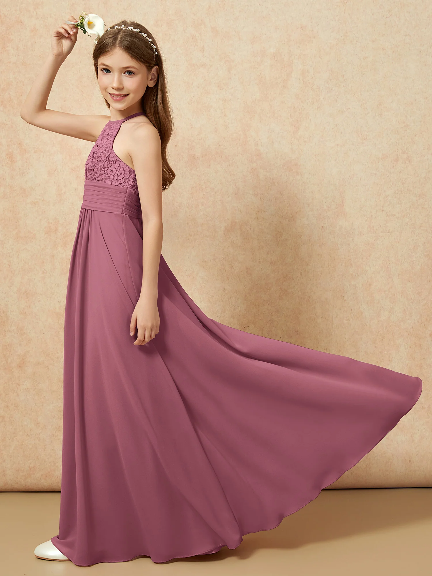 Halter Neck Lace Top Chiffon Junior Bridesmaid Dress Mulberry - Image 6