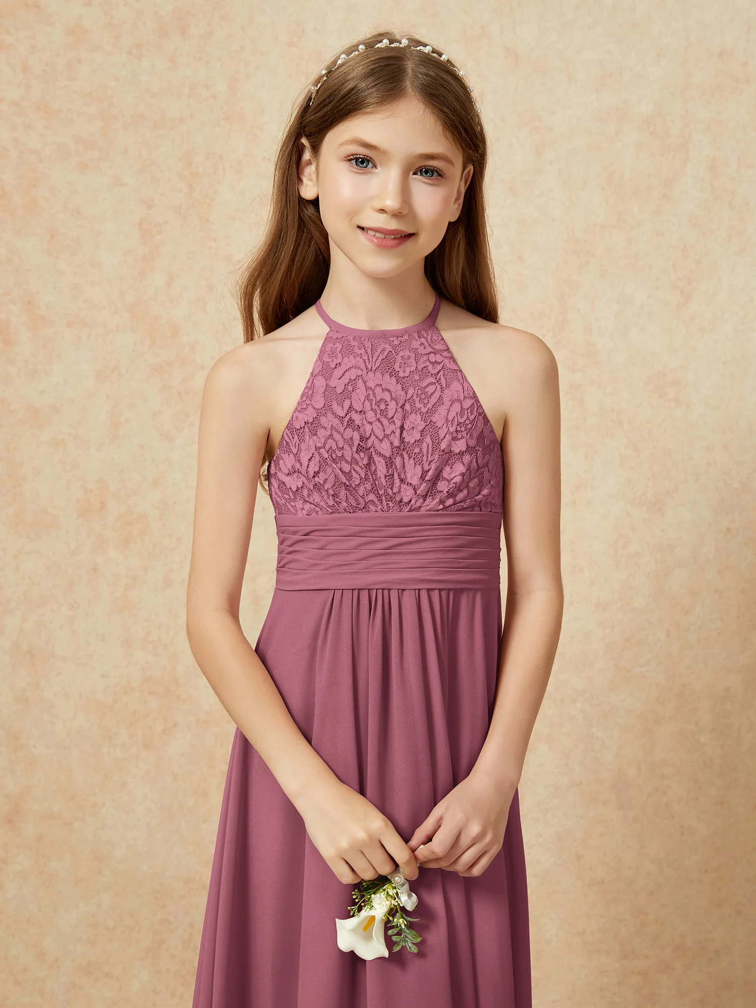 Halter Neck Lace Top Chiffon Junior Bridesmaid Dress Mulberry - Image 8
