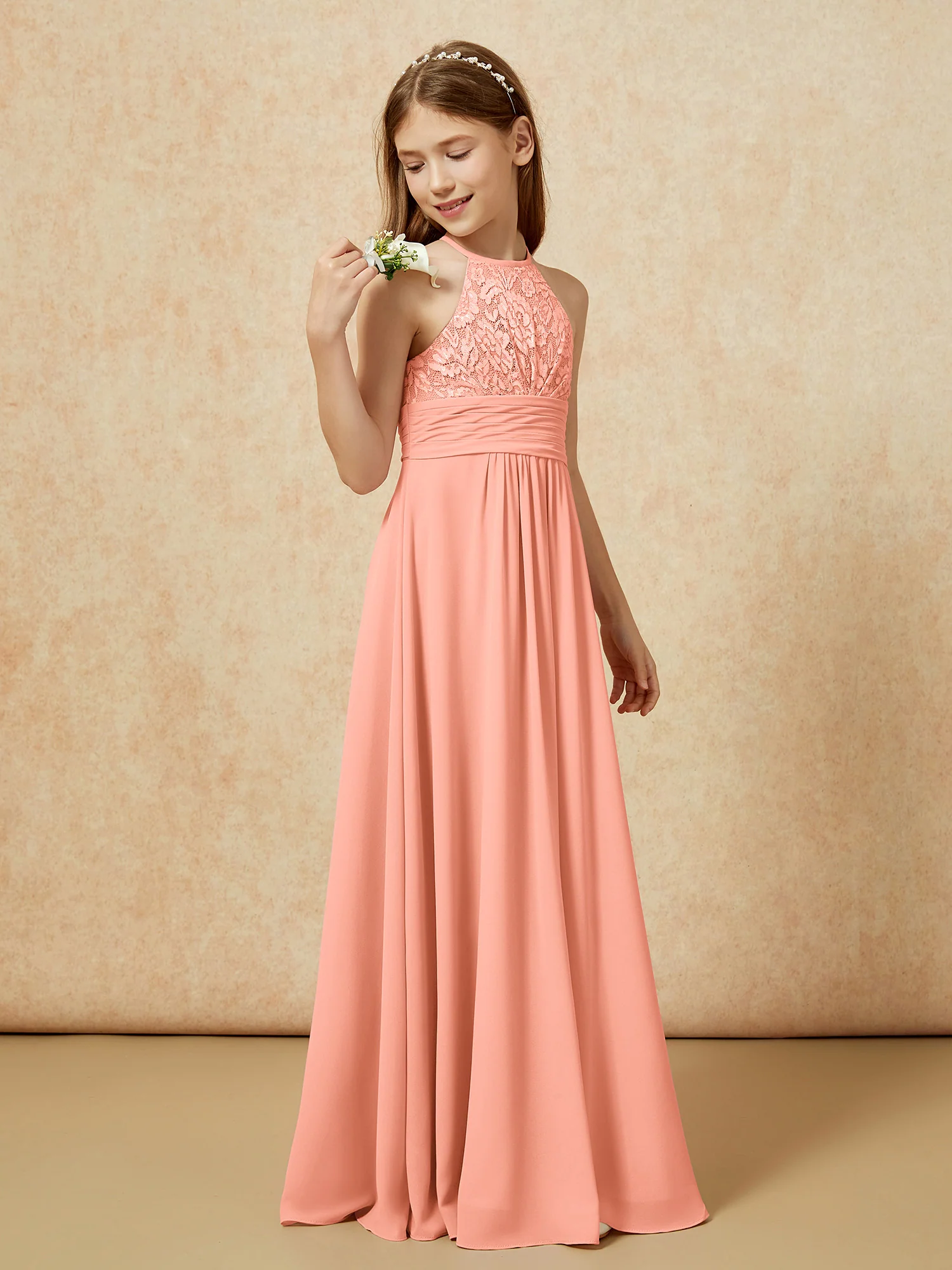 Halter Neck Lace Top Chiffon Junior Bridesmaid Dress Papaya - Image 3