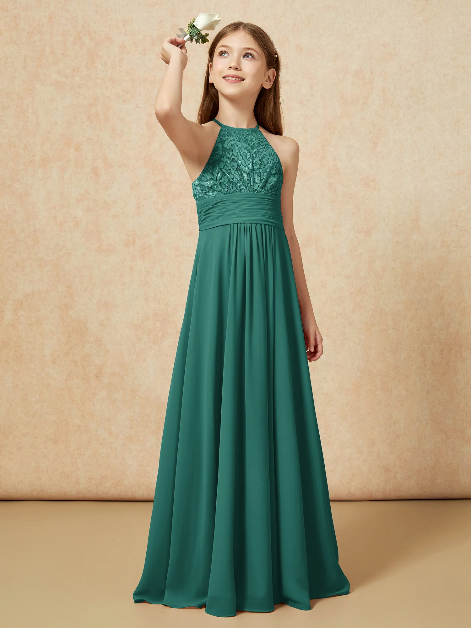 Halter Neck Lace Top Chiffon Junior Bridesmaid Dress Peacock