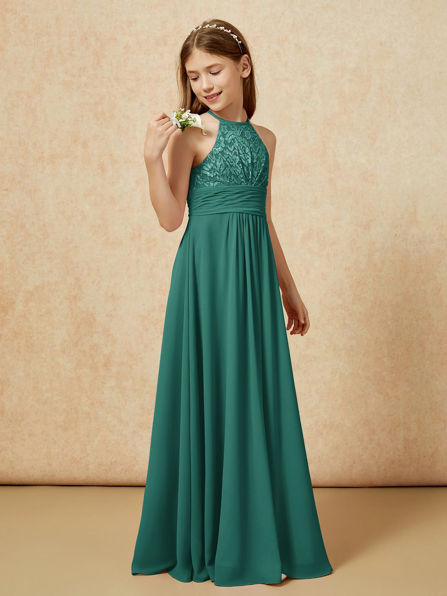 Halter Neck Lace Top Chiffon Junior Bridesmaid Dress Peacock - Image 3