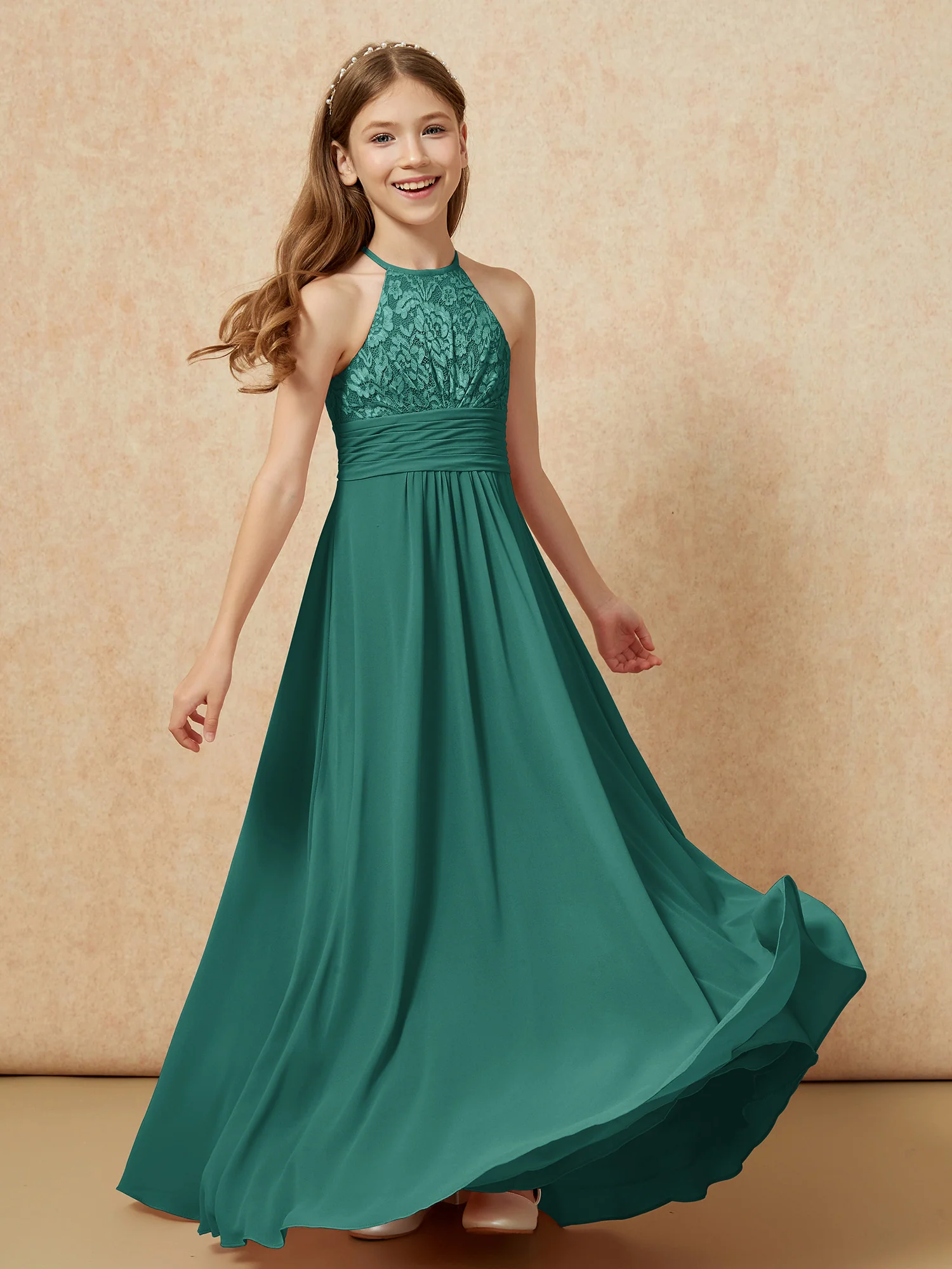 Halter Neck Lace Top Chiffon Junior Bridesmaid Dress Peacock - Image 4