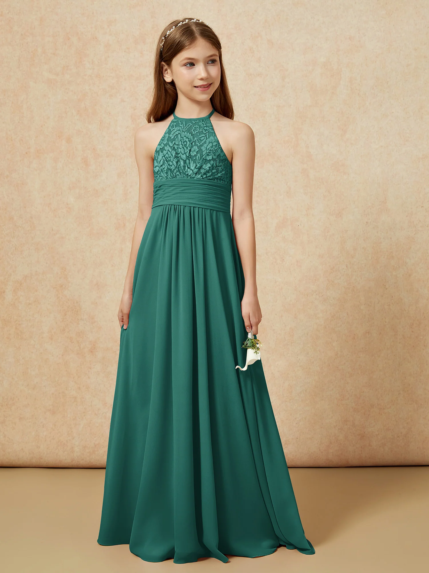Halter Neck Lace Top Chiffon Junior Bridesmaid Dress Peacock - Image 5