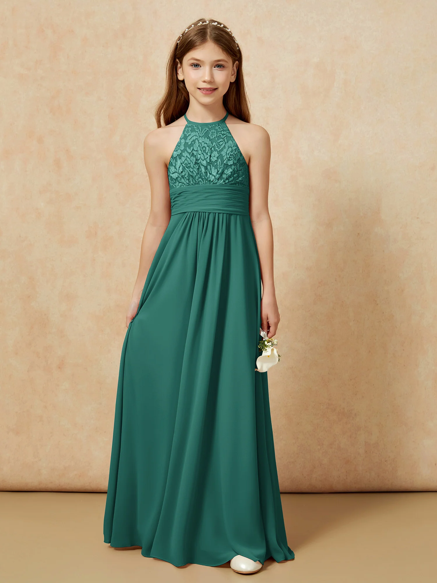 Halter Neck Lace Top Chiffon Junior Bridesmaid Dress Peacock - Image 7