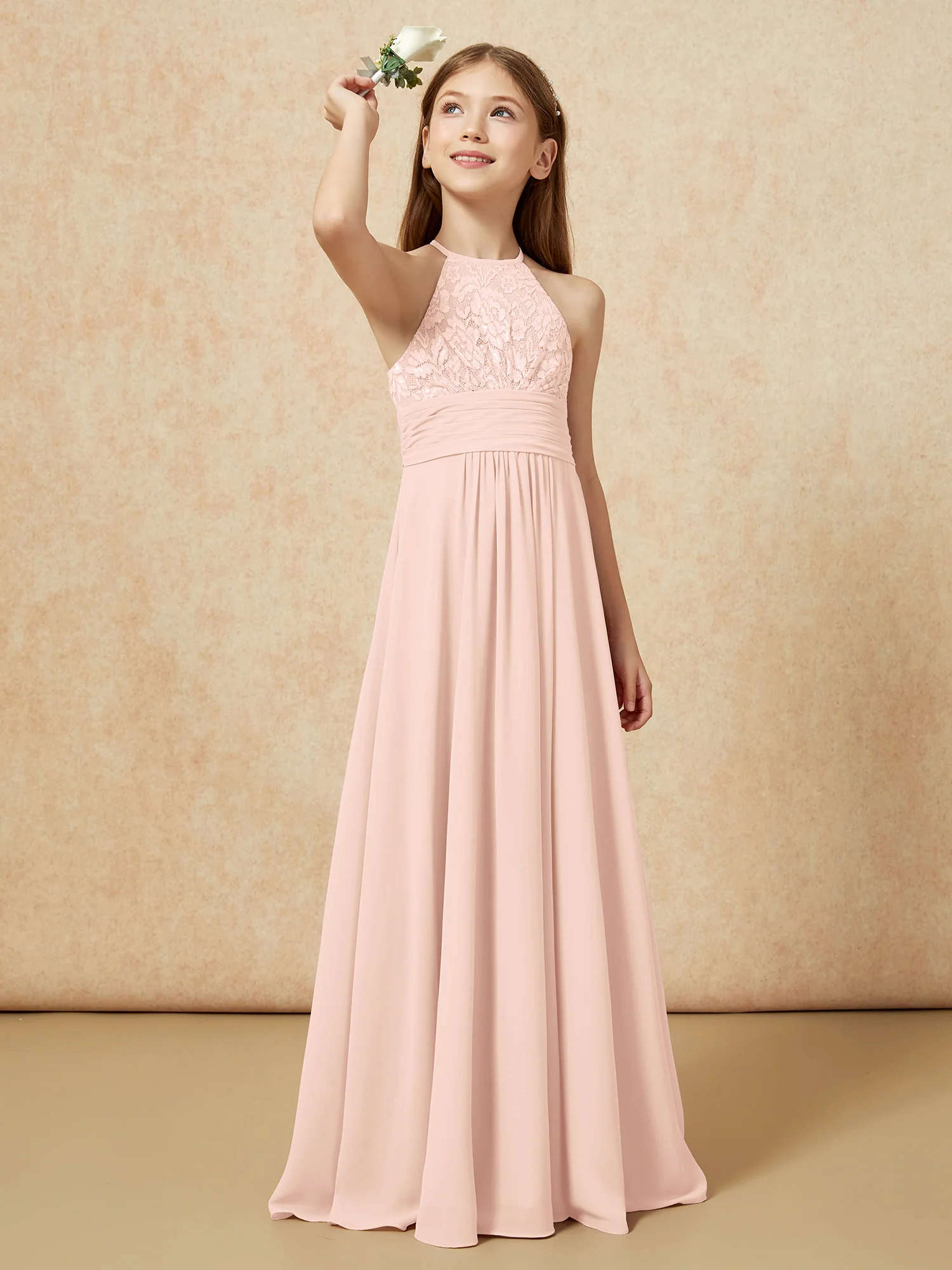 Halter Neck Lace Top Chiffon Junior Bridesmaid Dress Pearl Pink