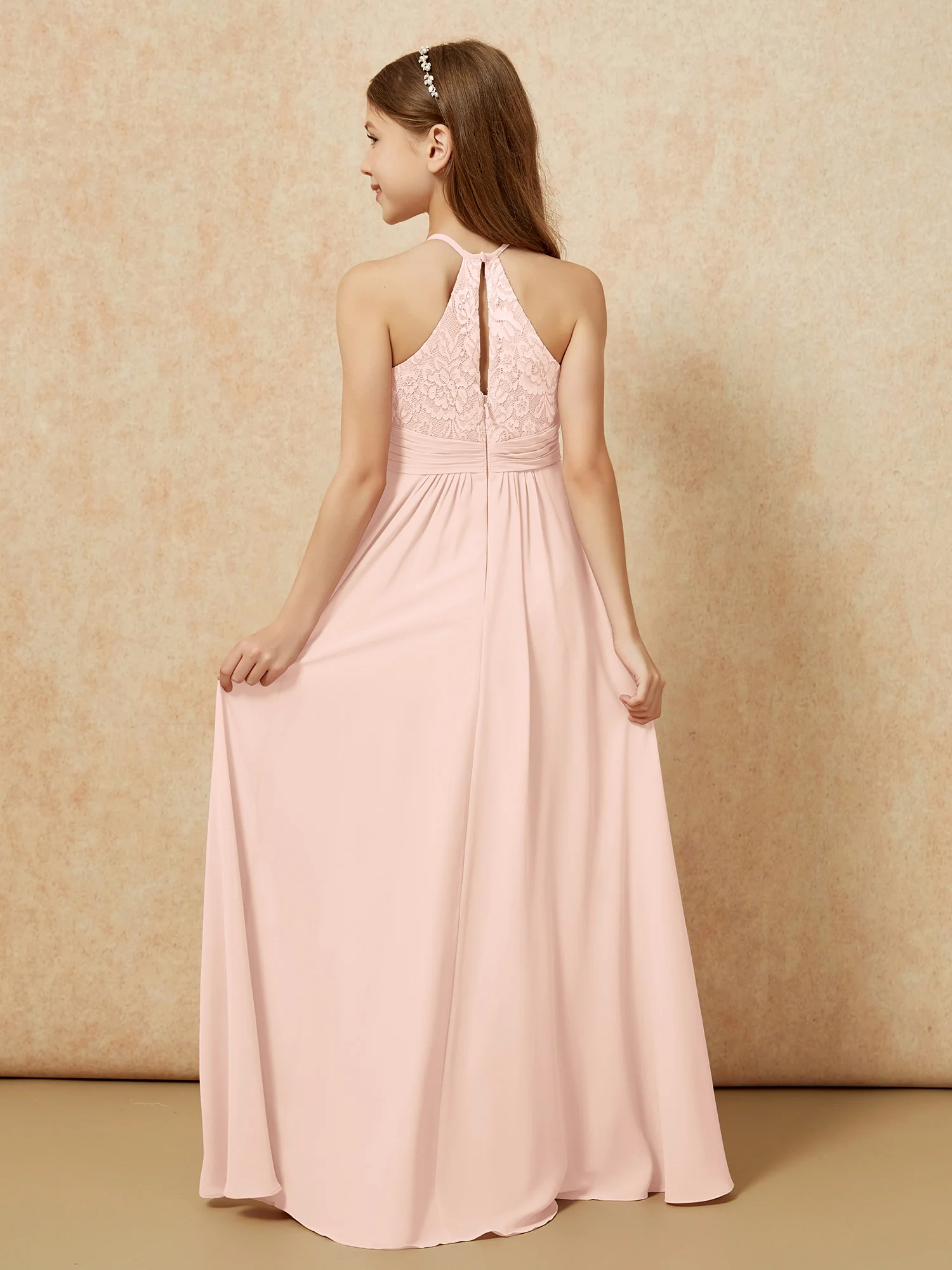 Halter Neck Lace Top Chiffon Junior Bridesmaid Dress Pearl Pink - Image 2