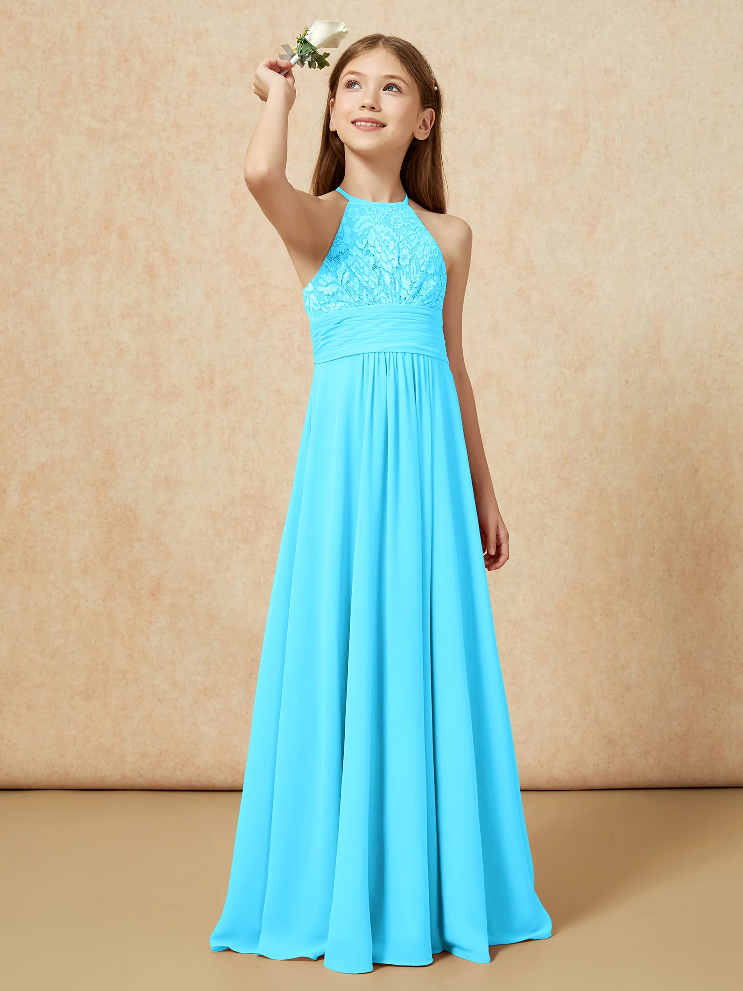 Halter Neck Lace Top Chiffon Junior Bridesmaid Dress Pool