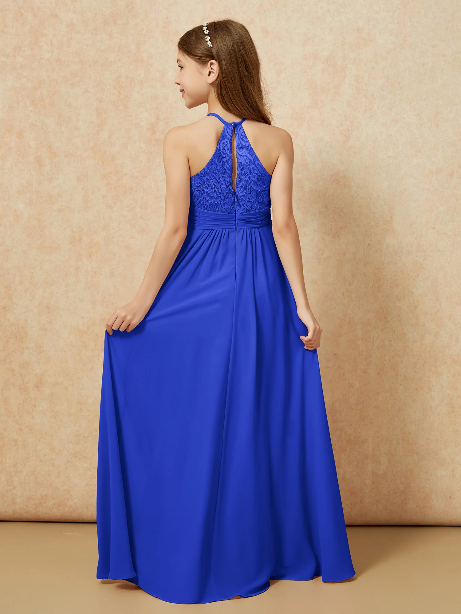 Halter Neck Lace Top Chiffon Junior Bridesmaid Dress Royal Blue - Image 2