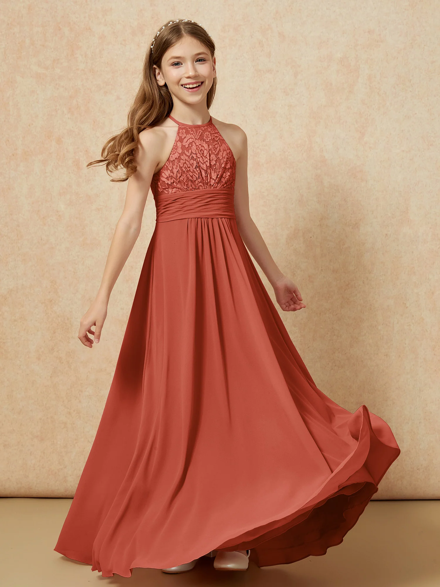 Halter Neck Lace Top Chiffon Junior Bridesmaid Dress Rust - Image 4