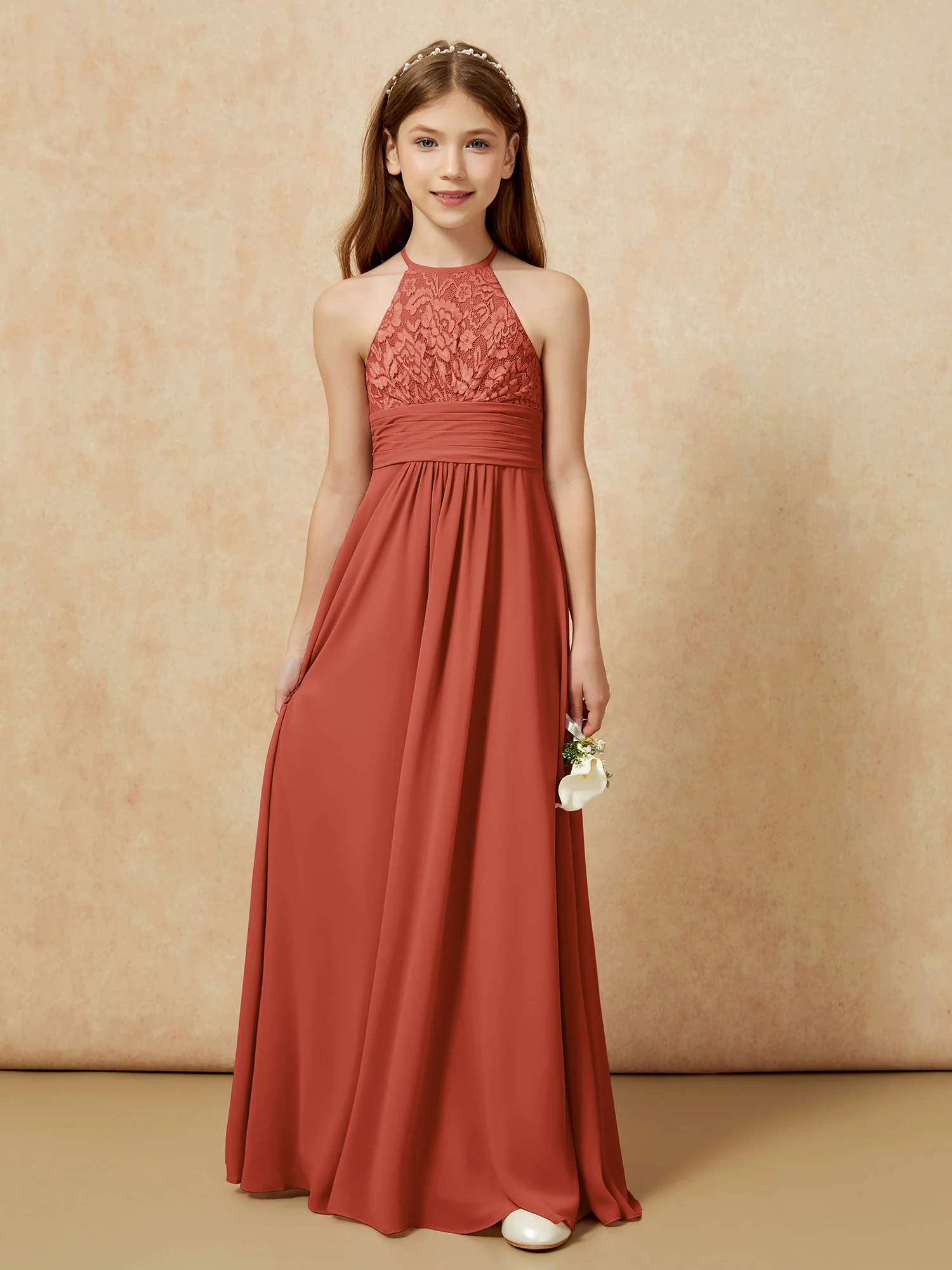 Halter Neck Lace Top Chiffon Junior Bridesmaid Dress Rust - Image 7