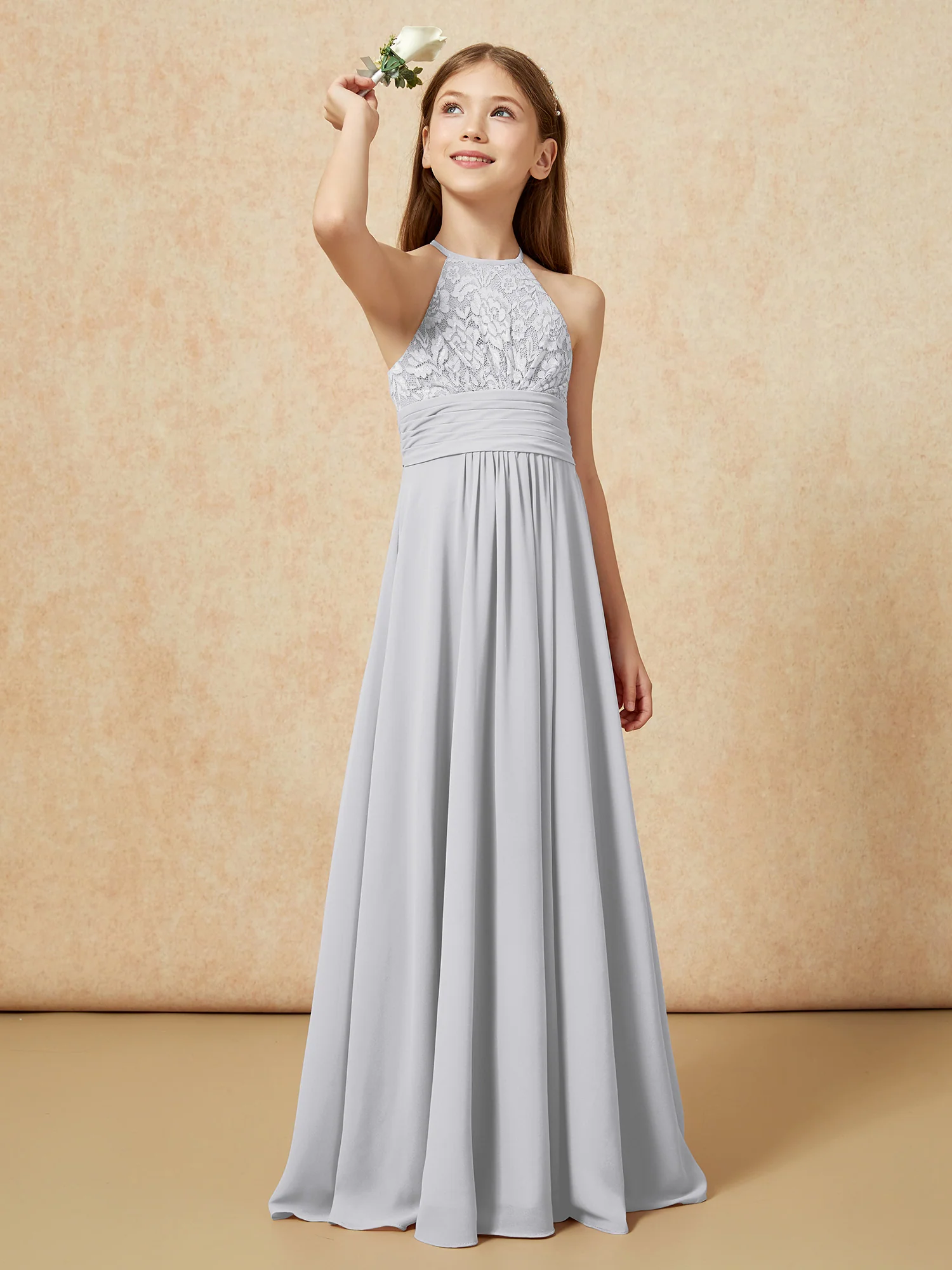 Halter Neck Lace Top Chiffon Junior Bridesmaid Dress Silver