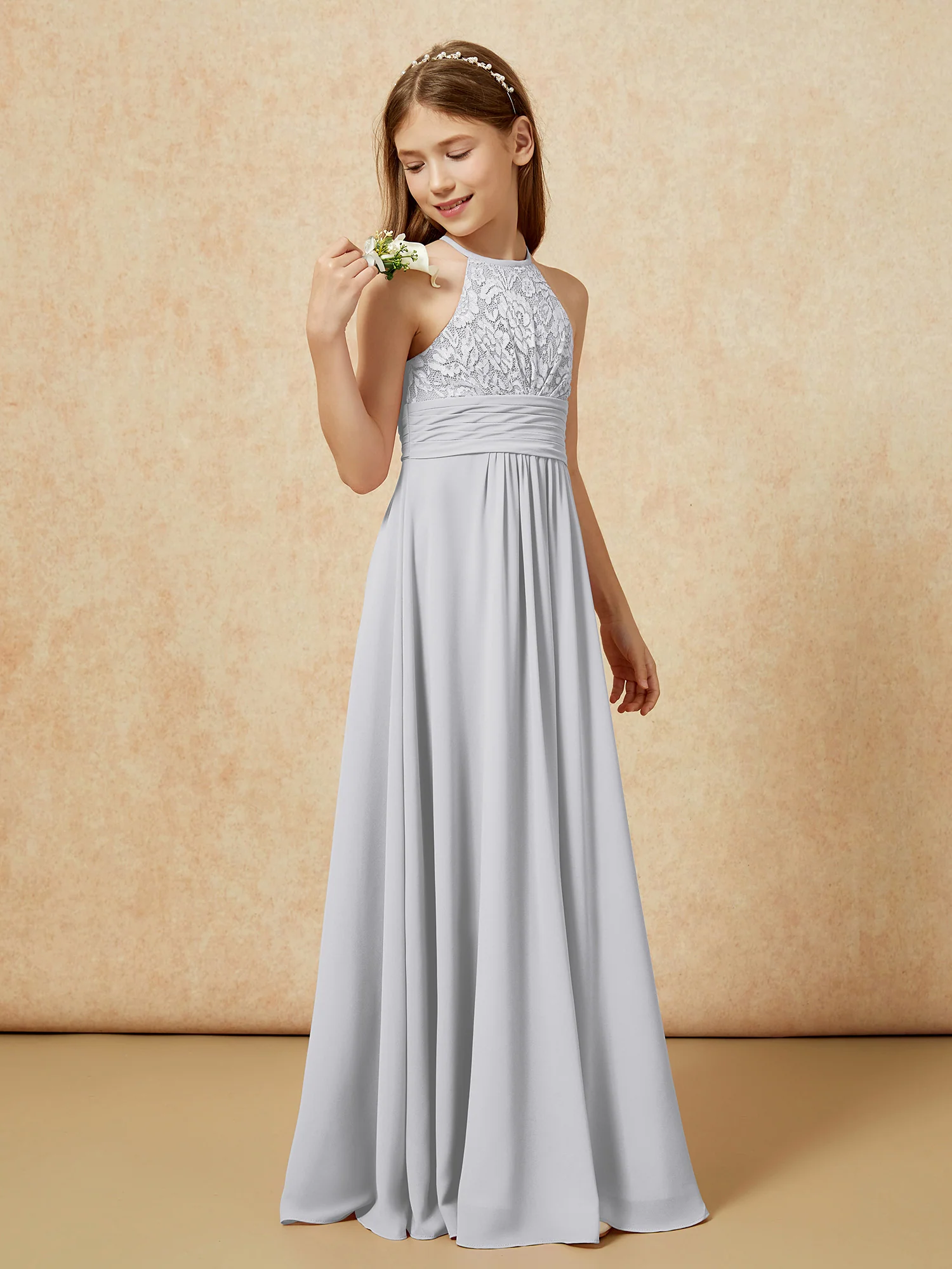 Halter Neck Lace Top Chiffon Junior Bridesmaid Dress Silver - Image 3
