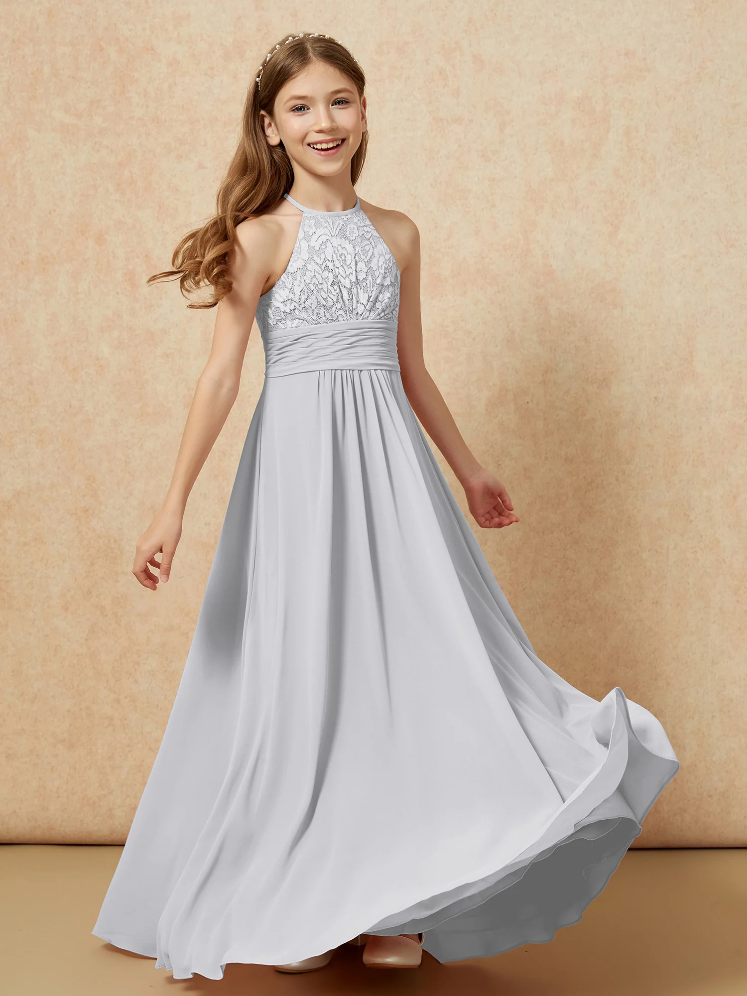 Halter Neck Lace Top Chiffon Junior Bridesmaid Dress Silver - Image 4