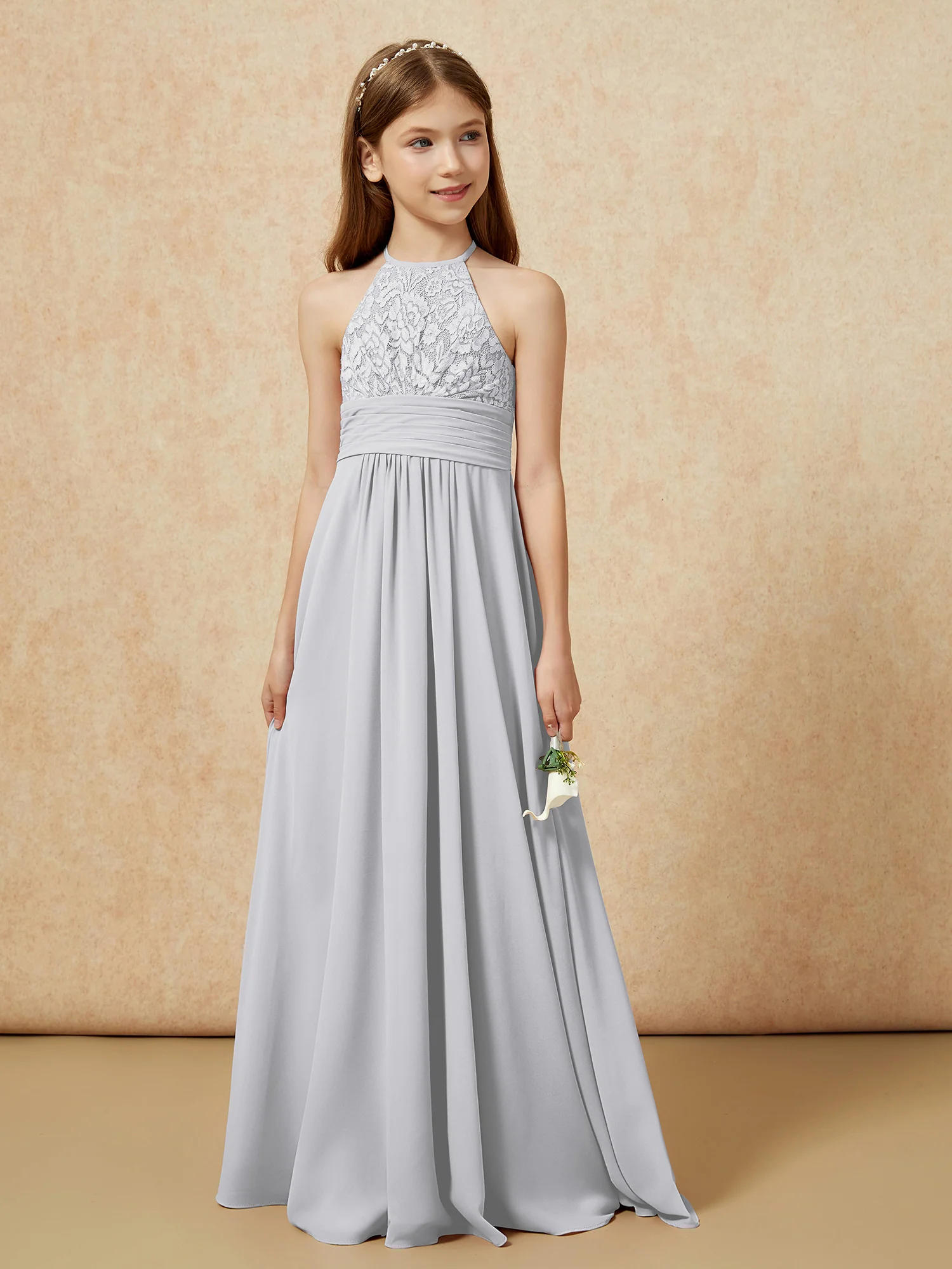 Halter Neck Lace Top Chiffon Junior Bridesmaid Dress Silver - Image 5