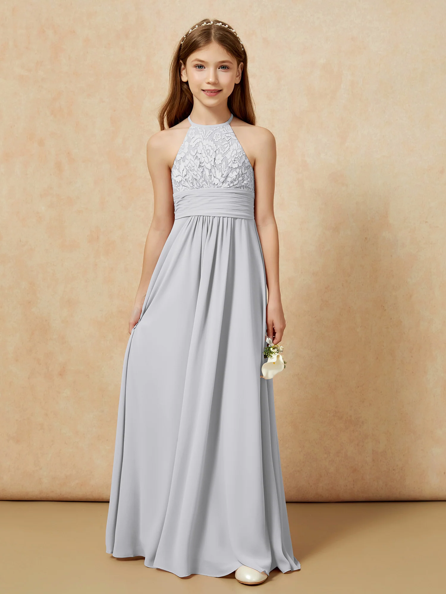 Halter Neck Lace Top Chiffon Junior Bridesmaid Dress Silver - Image 7