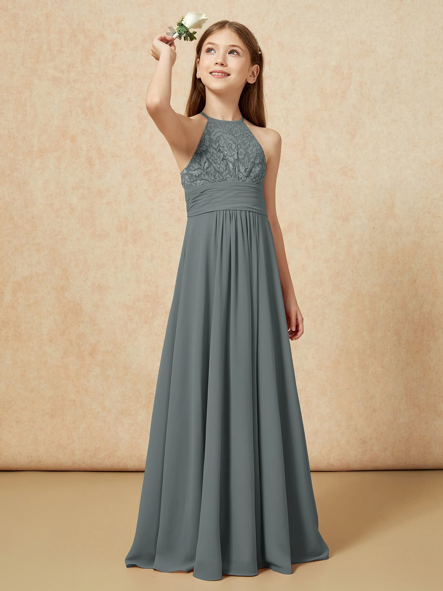 Halter Neck Lace Top Chiffon Junior Bridesmaid Dress Steel Grey