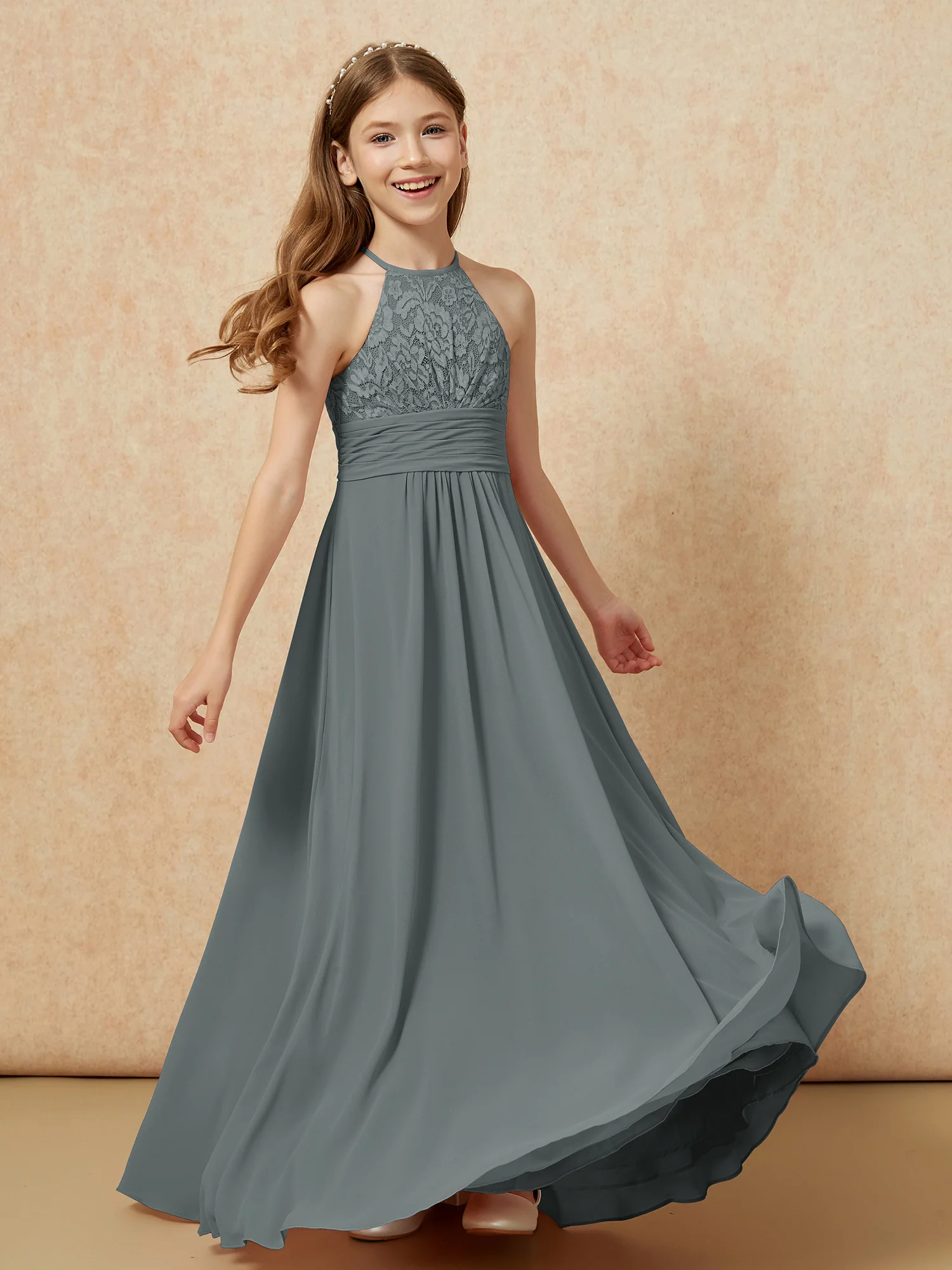 Halter Neck Lace Top Chiffon Junior Bridesmaid Dress Steel Grey - Image 4