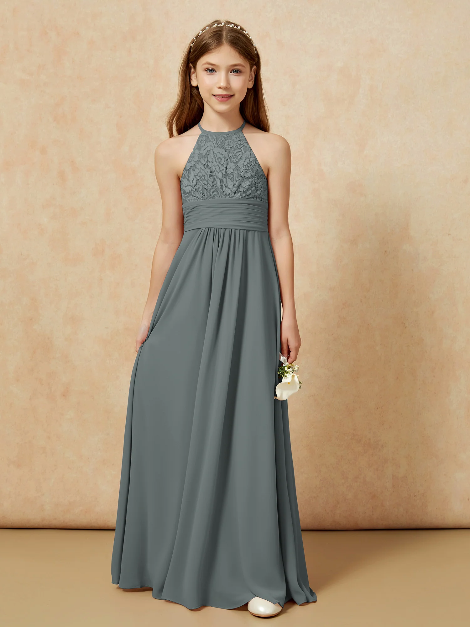 Halter Neck Lace Top Chiffon Junior Bridesmaid Dress Steel Grey - Image 7