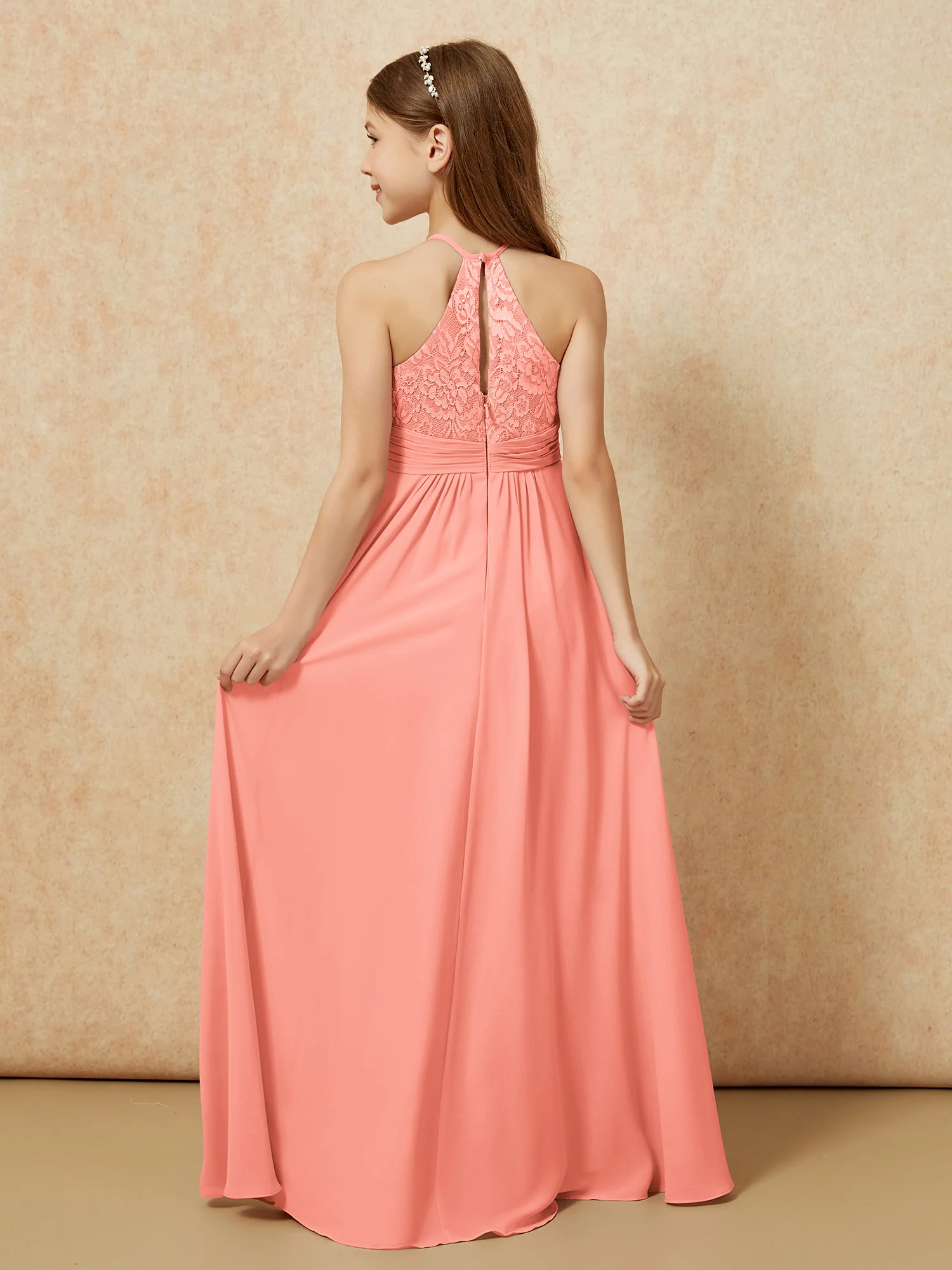 Halter Neck Lace Top Chiffon Junior Bridesmaid Dress Sunset - Image 2