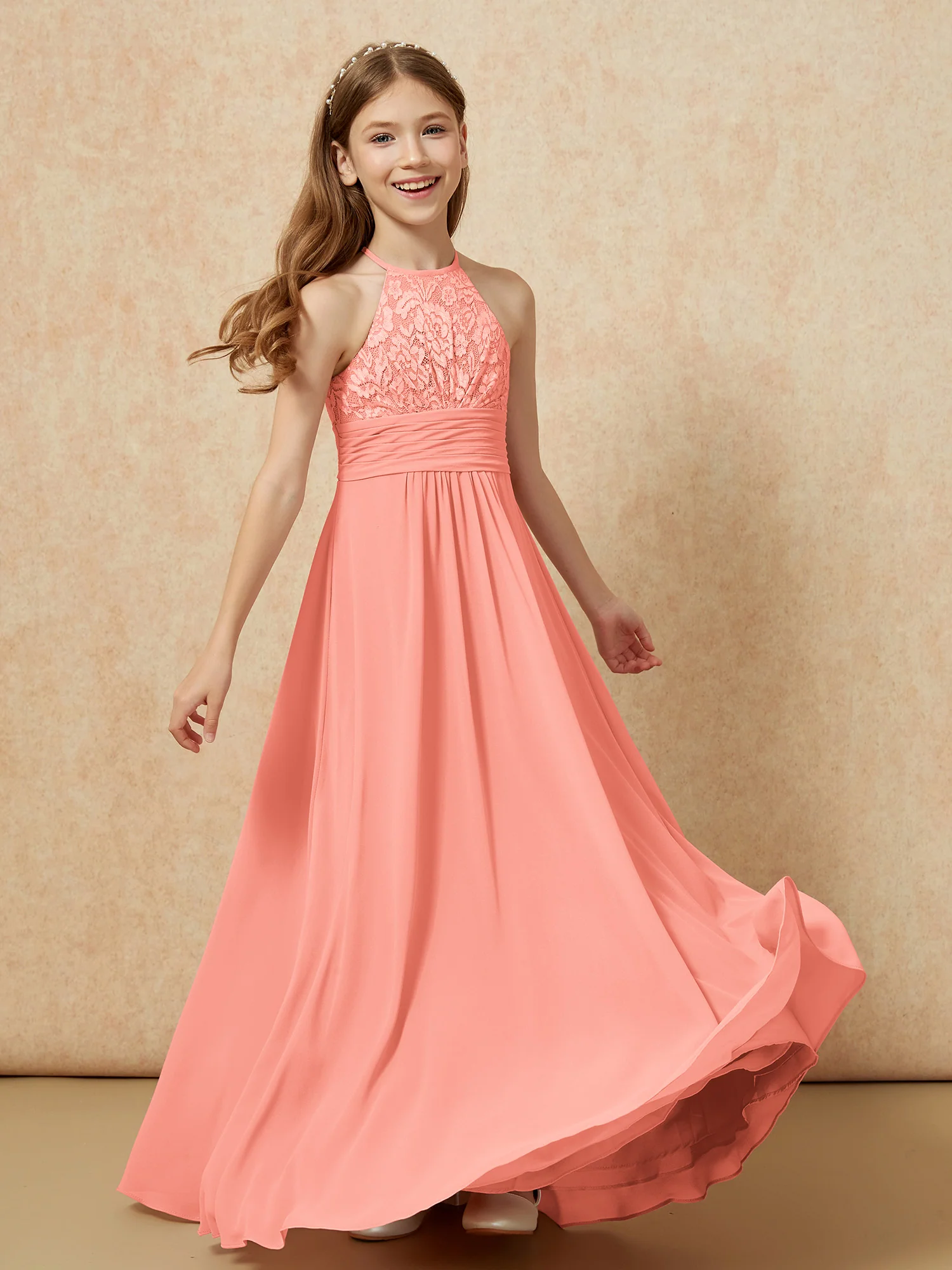 Halter Neck Lace Top Chiffon Junior Bridesmaid Dress Sunset - Image 4