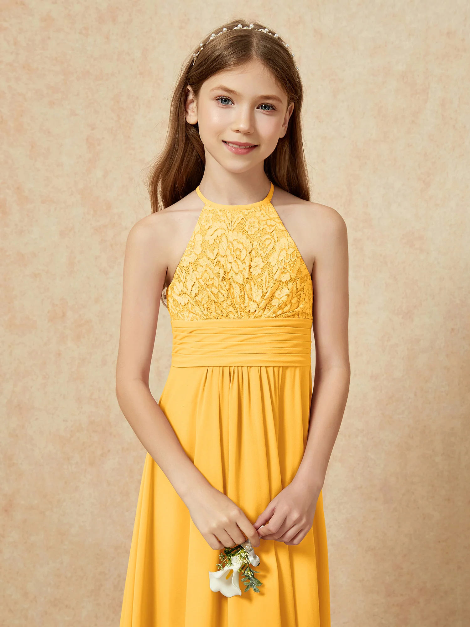 Halter Neck Lace Top Chiffon Junior Bridesmaid Dress Tangerine - Image 8