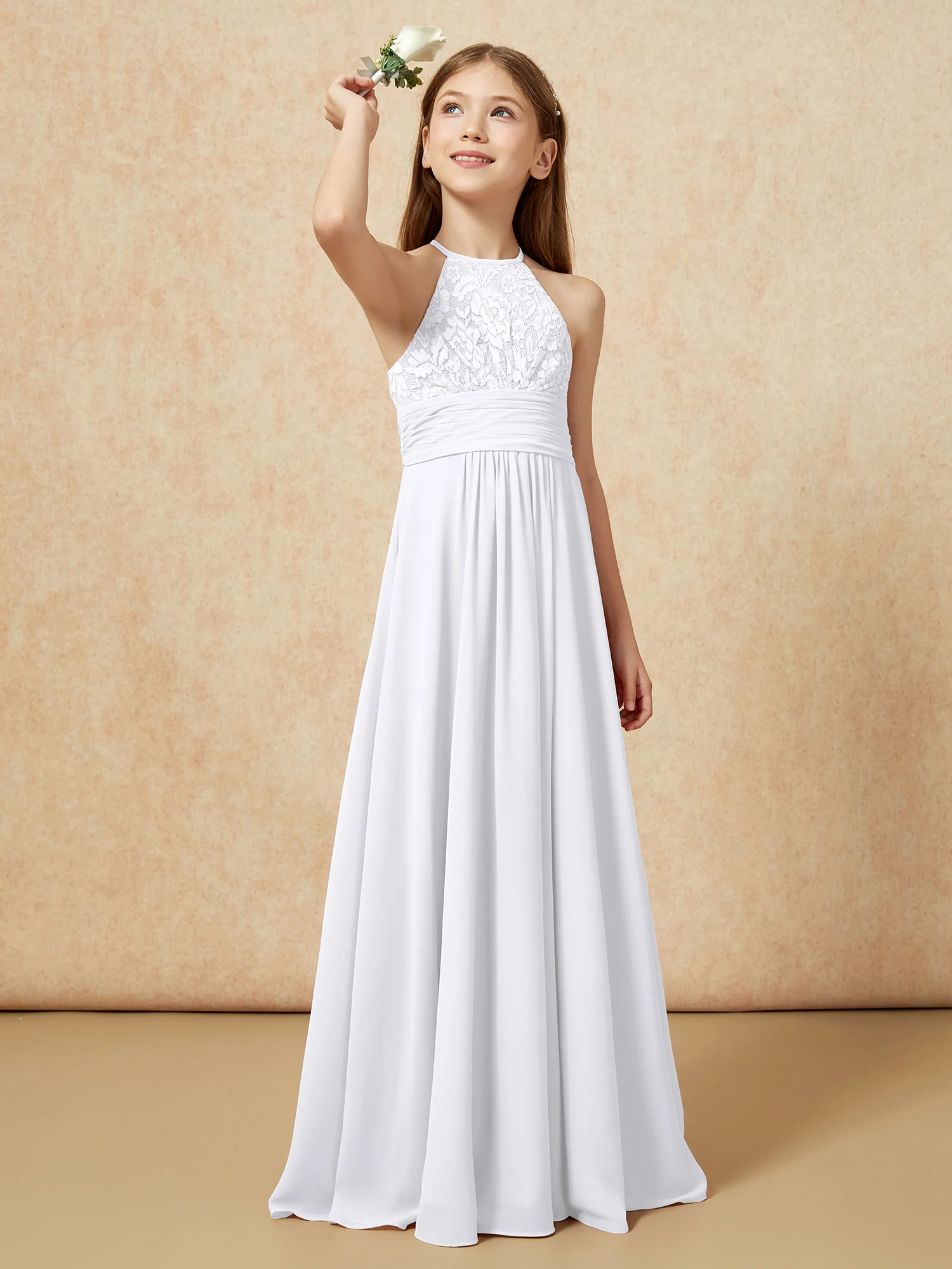 Halter Neck Lace Top Chiffon Junior Bridesmaid Dress White