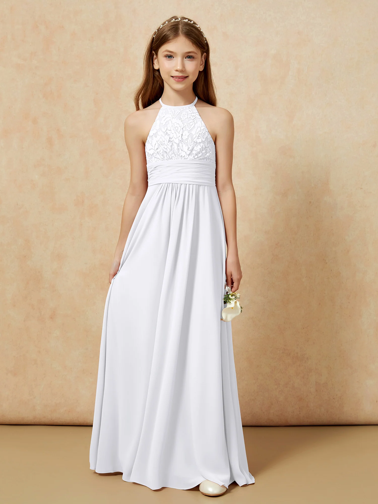 Halter Neck Lace Top Chiffon Junior Bridesmaid Dress White - Image 7