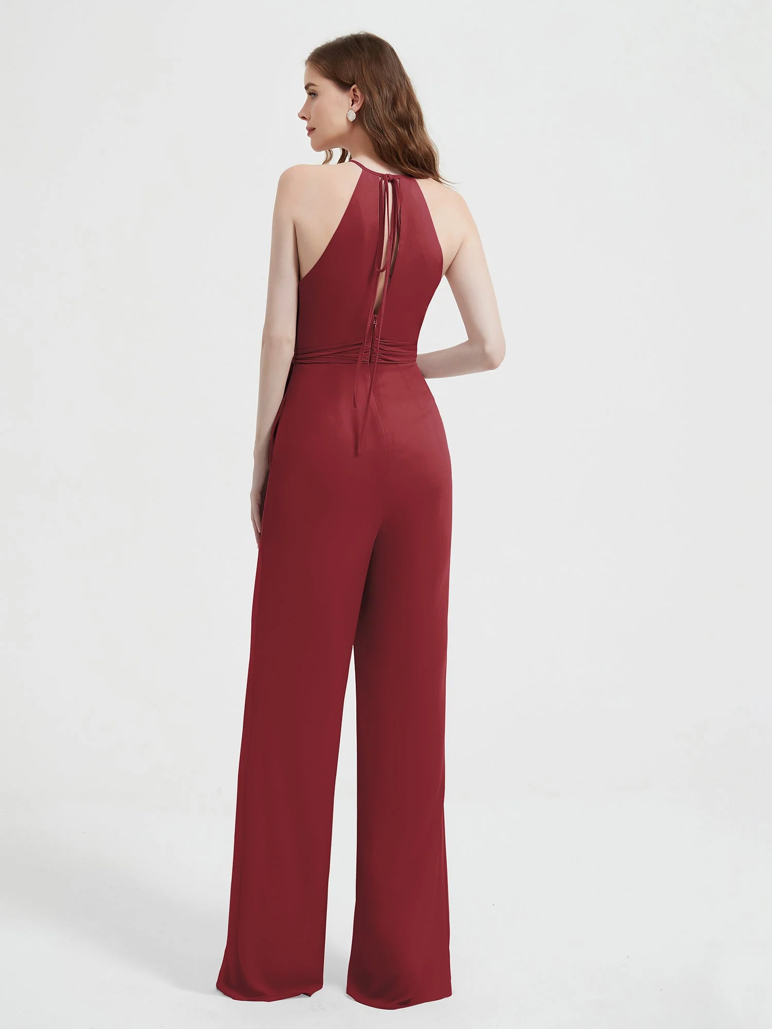Halter Neckline Sleeveless Pleated Jumpsuit With Sash Cinnamon Rose Plus Size - Image 2
