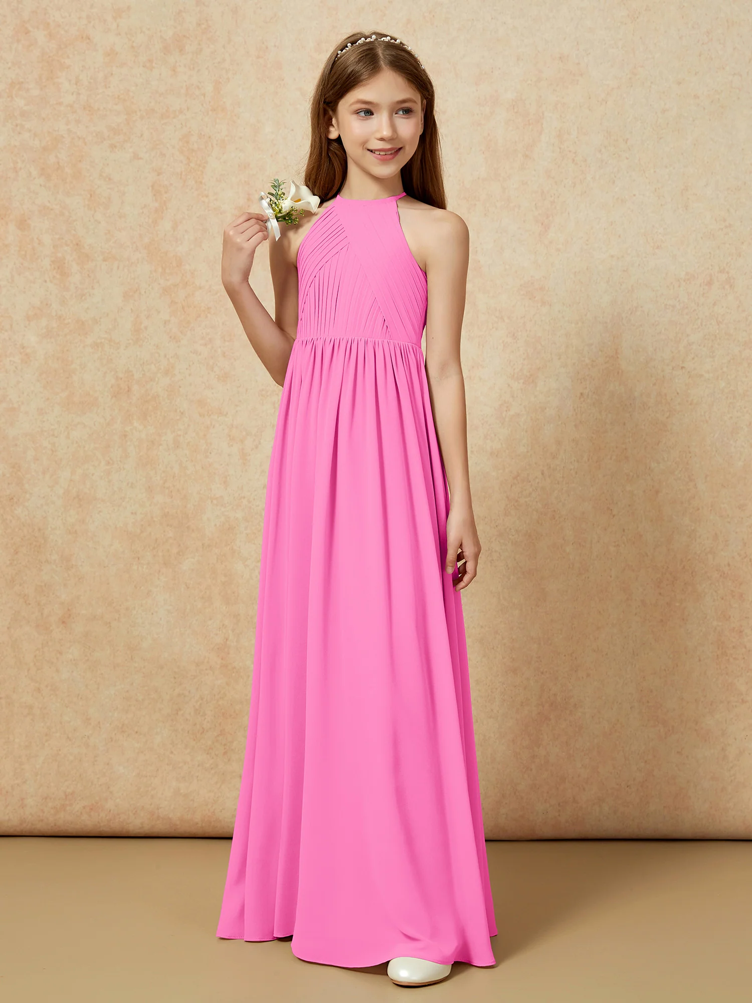Halter Pleated Long Chiffon Junior Bridesmaid Dress Azalea - Image 5