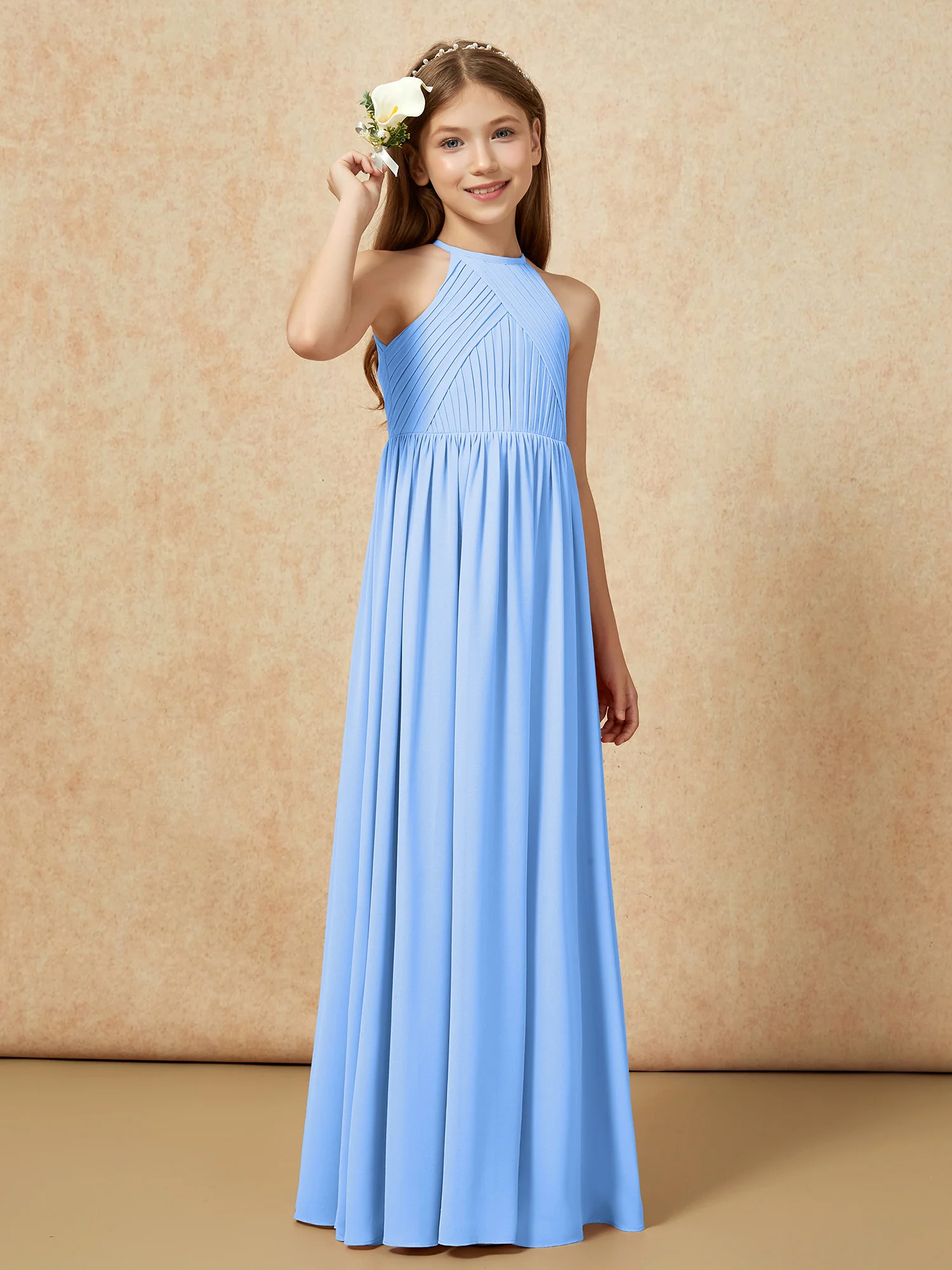 Halter Pleated Long Chiffon Junior Bridesmaid Dress Blue - Image 4