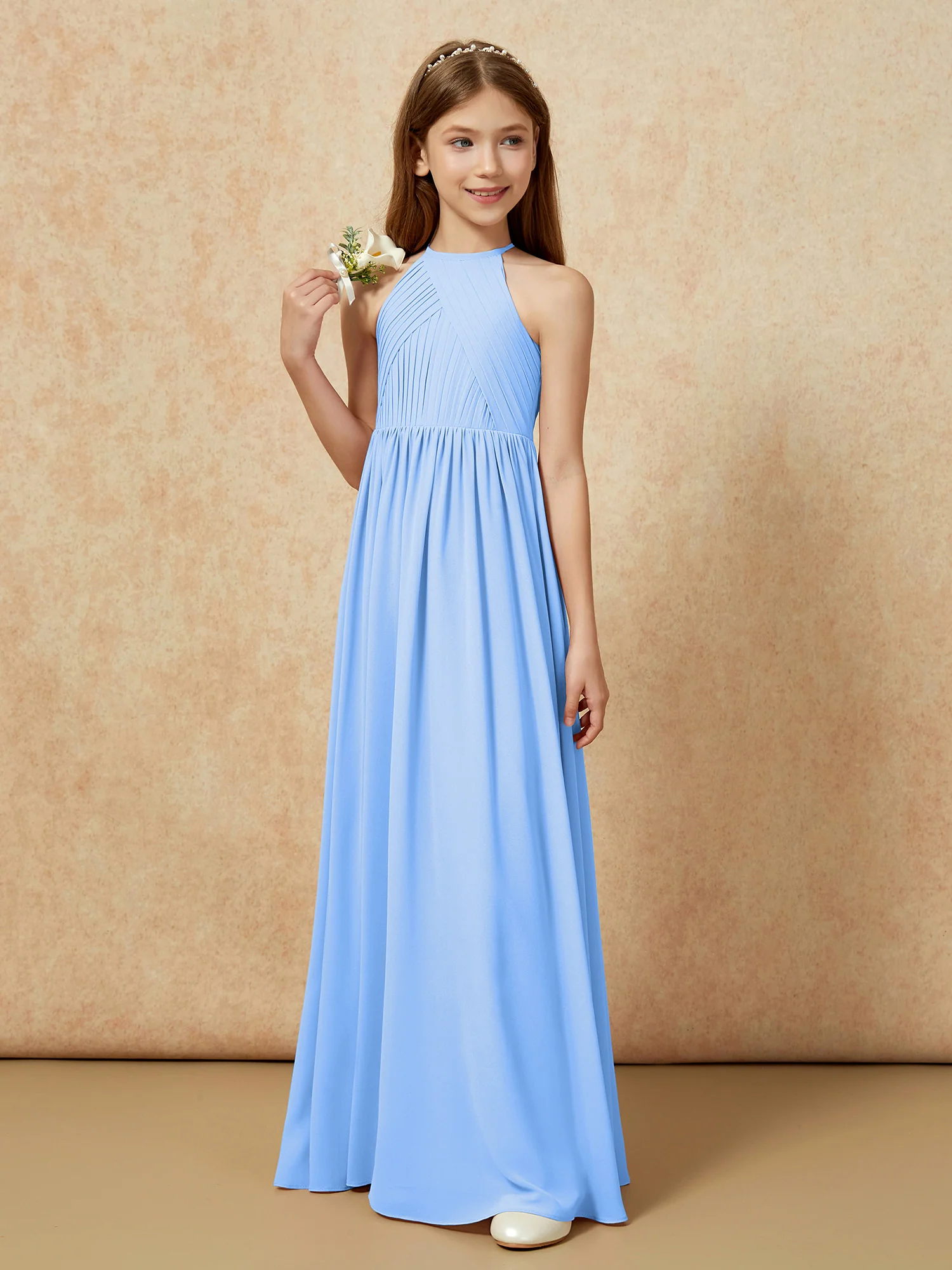 Halter Pleated Long Chiffon Junior Bridesmaid Dress Blue - Image 5