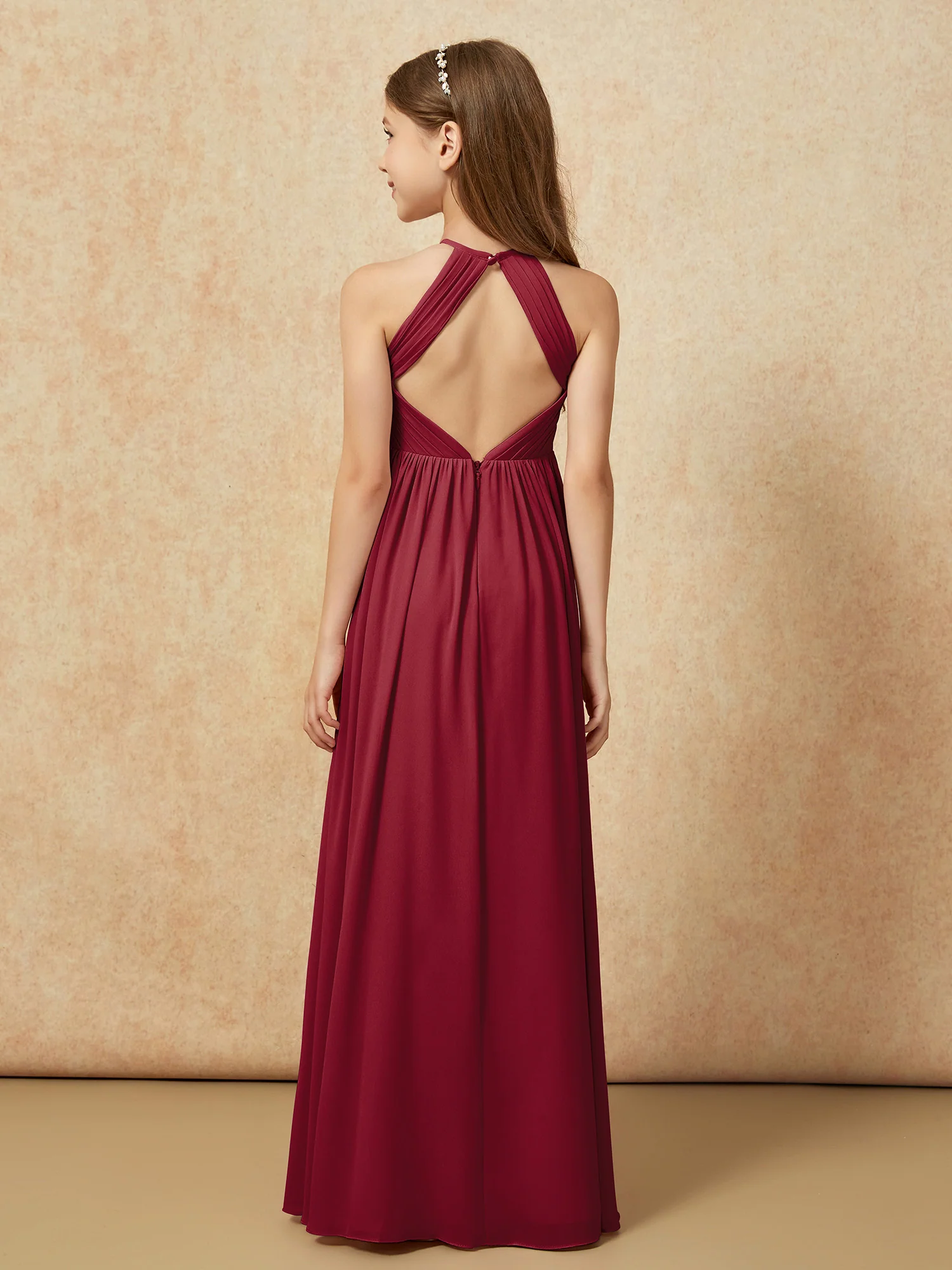 Halter Pleated Long Chiffon Junior Bridesmaid Dress Burgundy - Image 2