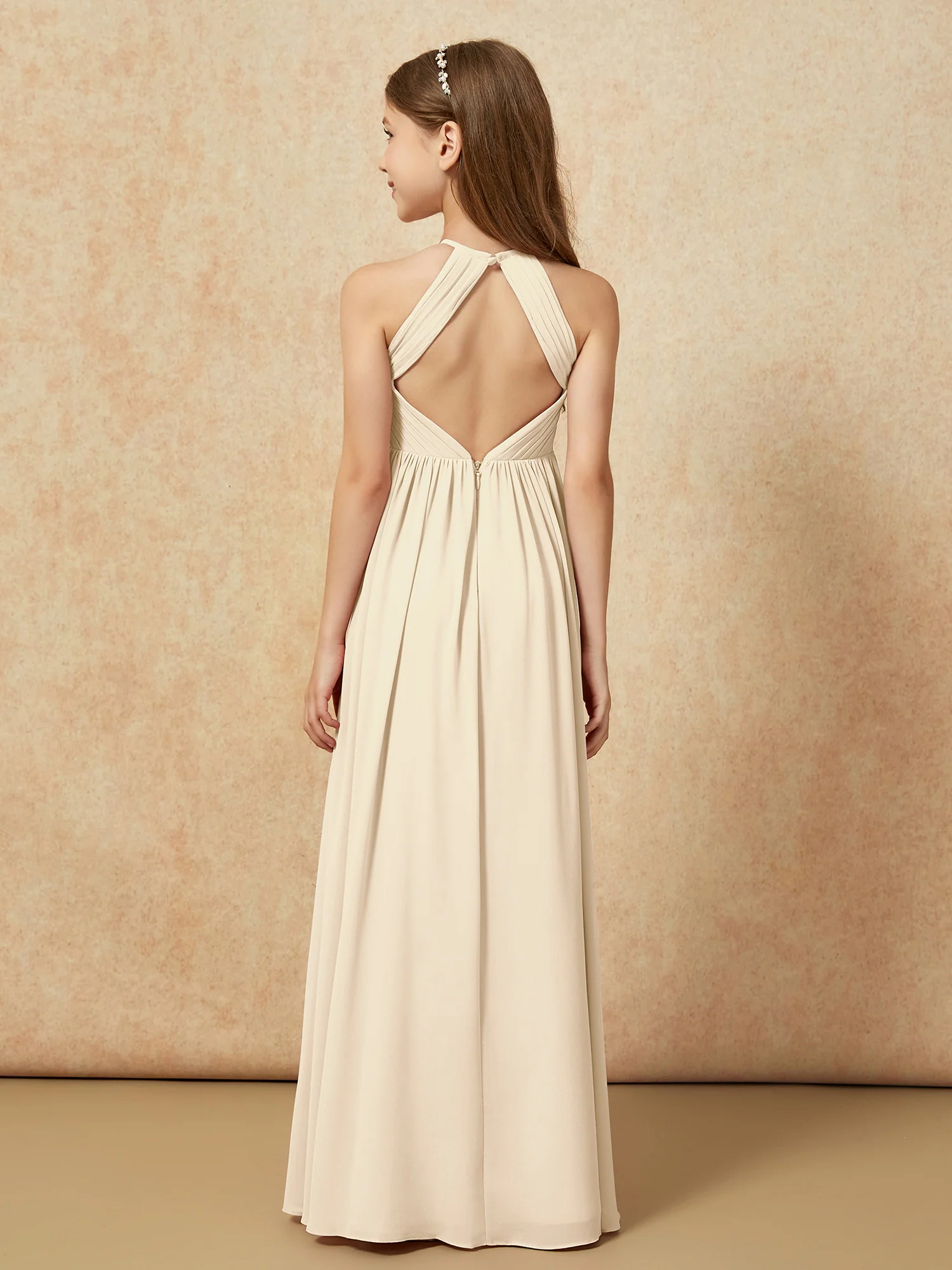 Halter Pleated Long Chiffon Junior Bridesmaid Dress Champagne - Image 2