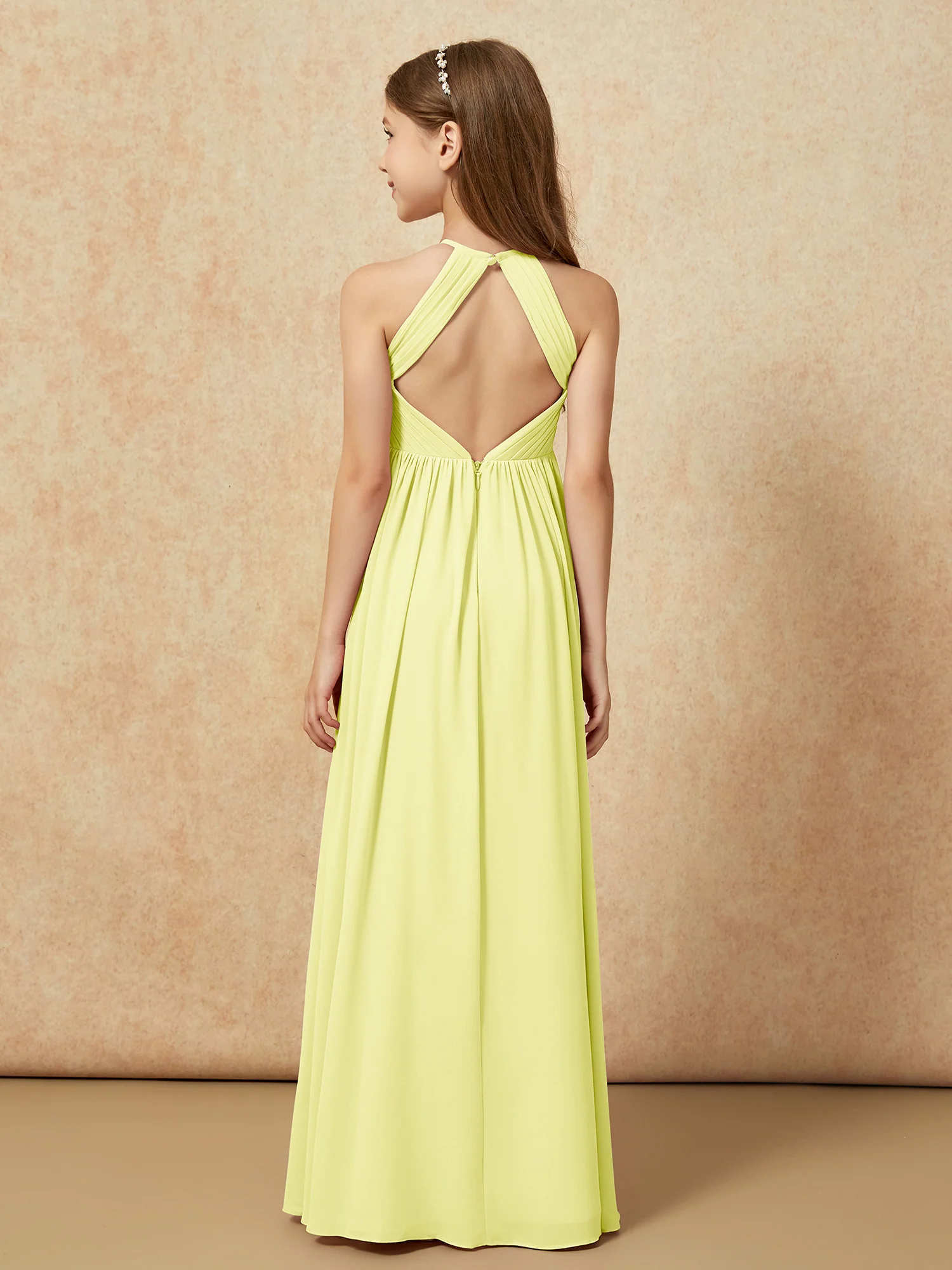 Halter Pleated Long Chiffon Junior Bridesmaid Dress Daffodil - Image 2