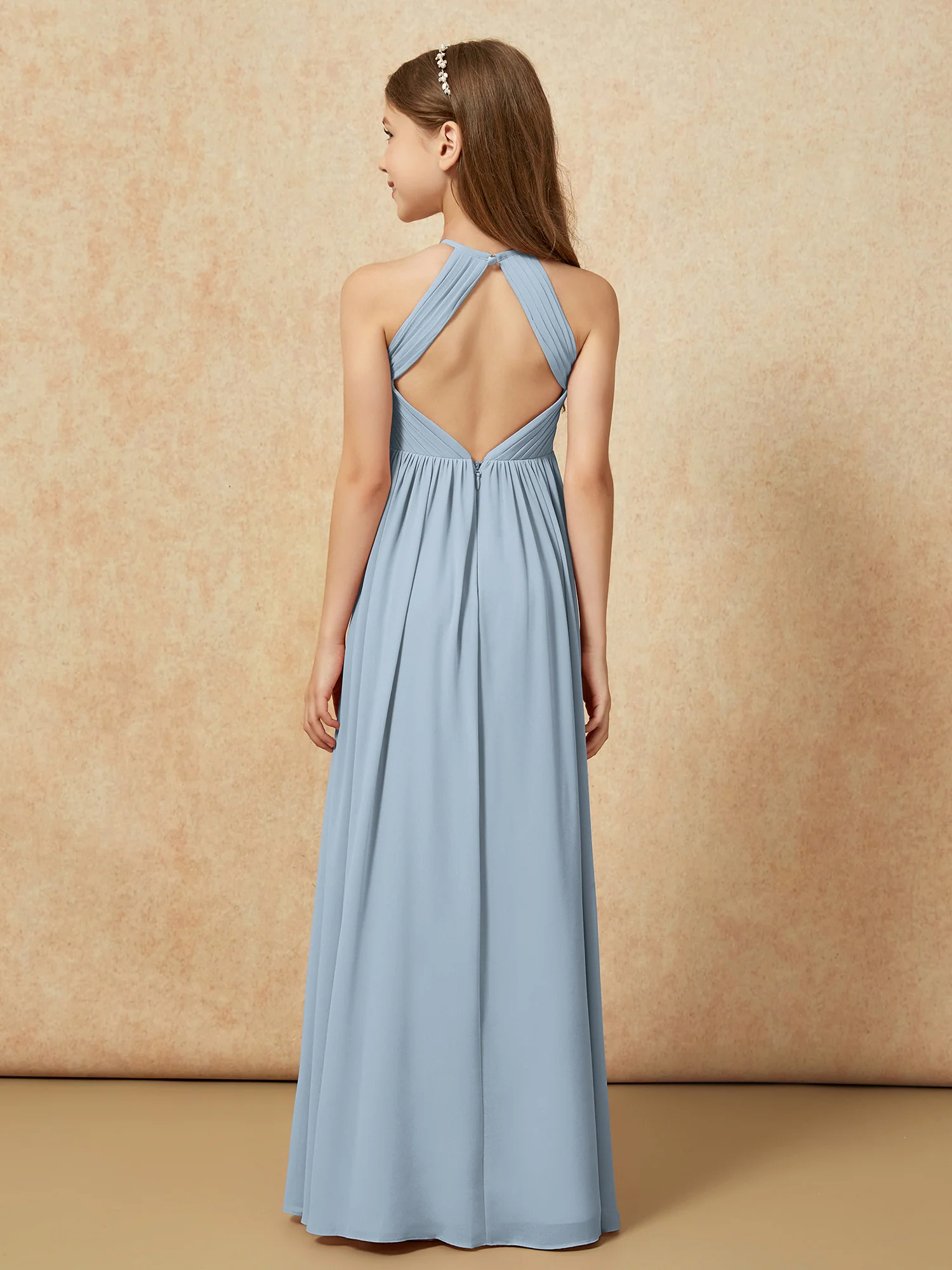 Halter Pleated Long Chiffon Junior Bridesmaid Dress Dusty Blue - Image 2