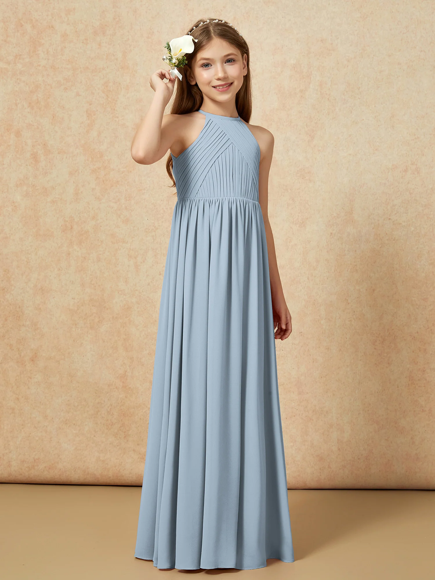 Halter Pleated Long Chiffon Junior Bridesmaid Dress Dusty Blue - Image 4