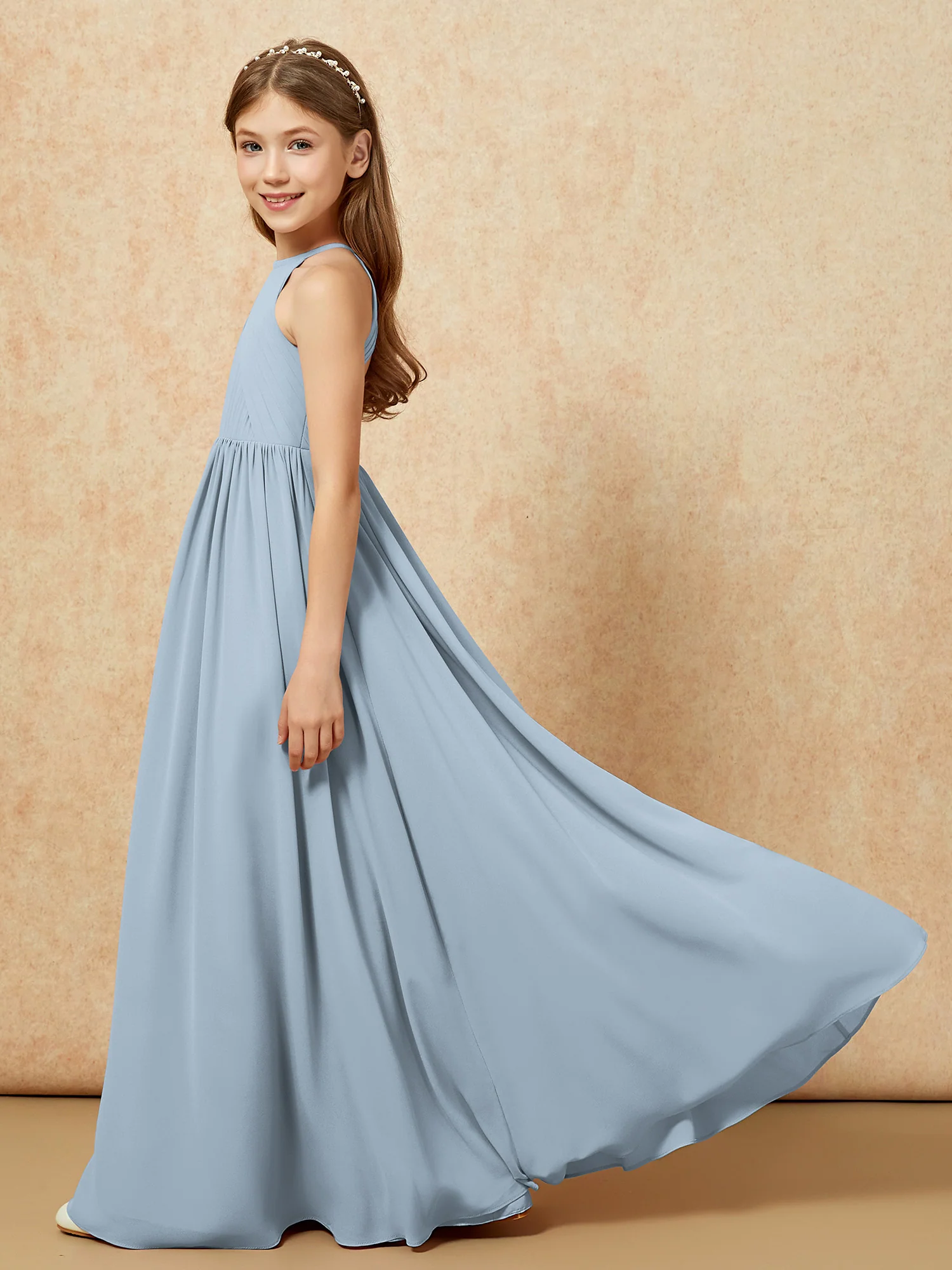 Halter Pleated Long Chiffon Junior Bridesmaid Dress Dusty Blue - Image 7