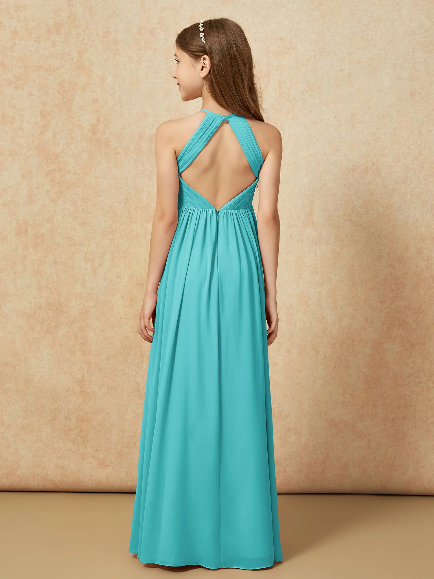 Halter Pleated Long Chiffon Junior Bridesmaid Dress Jade - Image 2