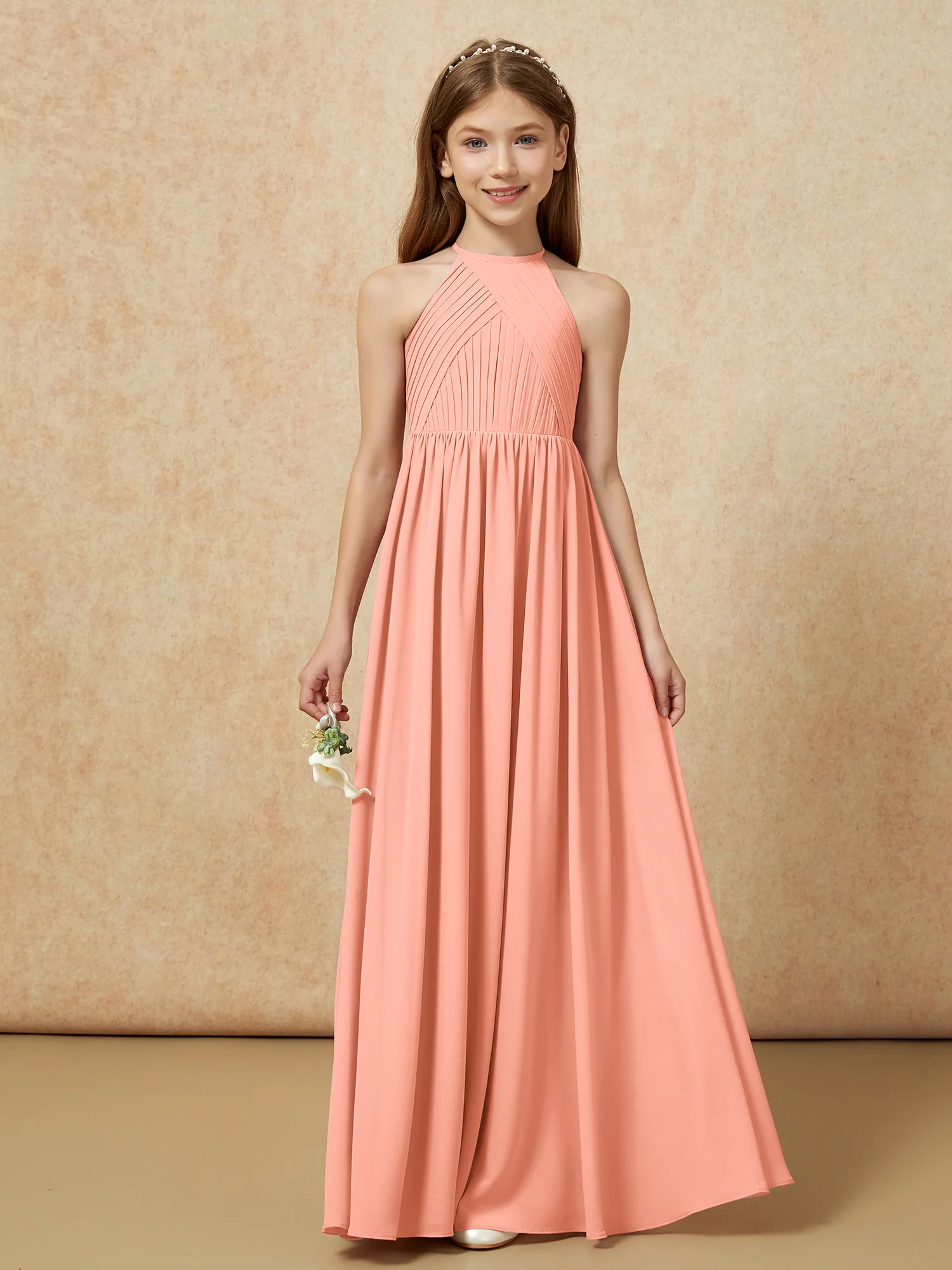 Halter Pleated Long Chiffon Junior Bridesmaid Dress Papaya