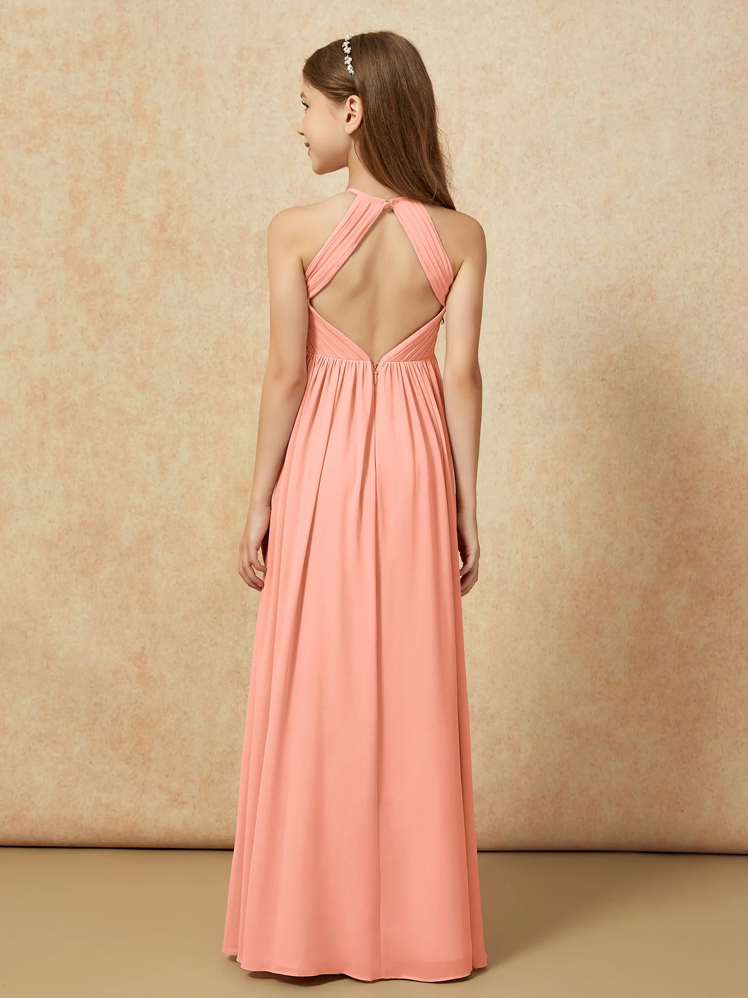 Halter Pleated Long Chiffon Junior Bridesmaid Dress Papaya - Image 2