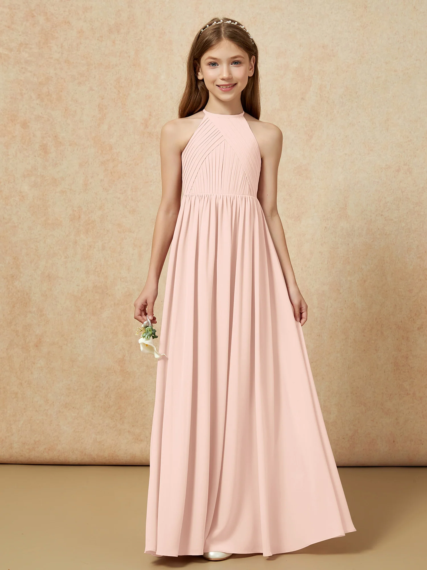 Halter Pleated Long Chiffon Junior Bridesmaid Dress Pearl Pink