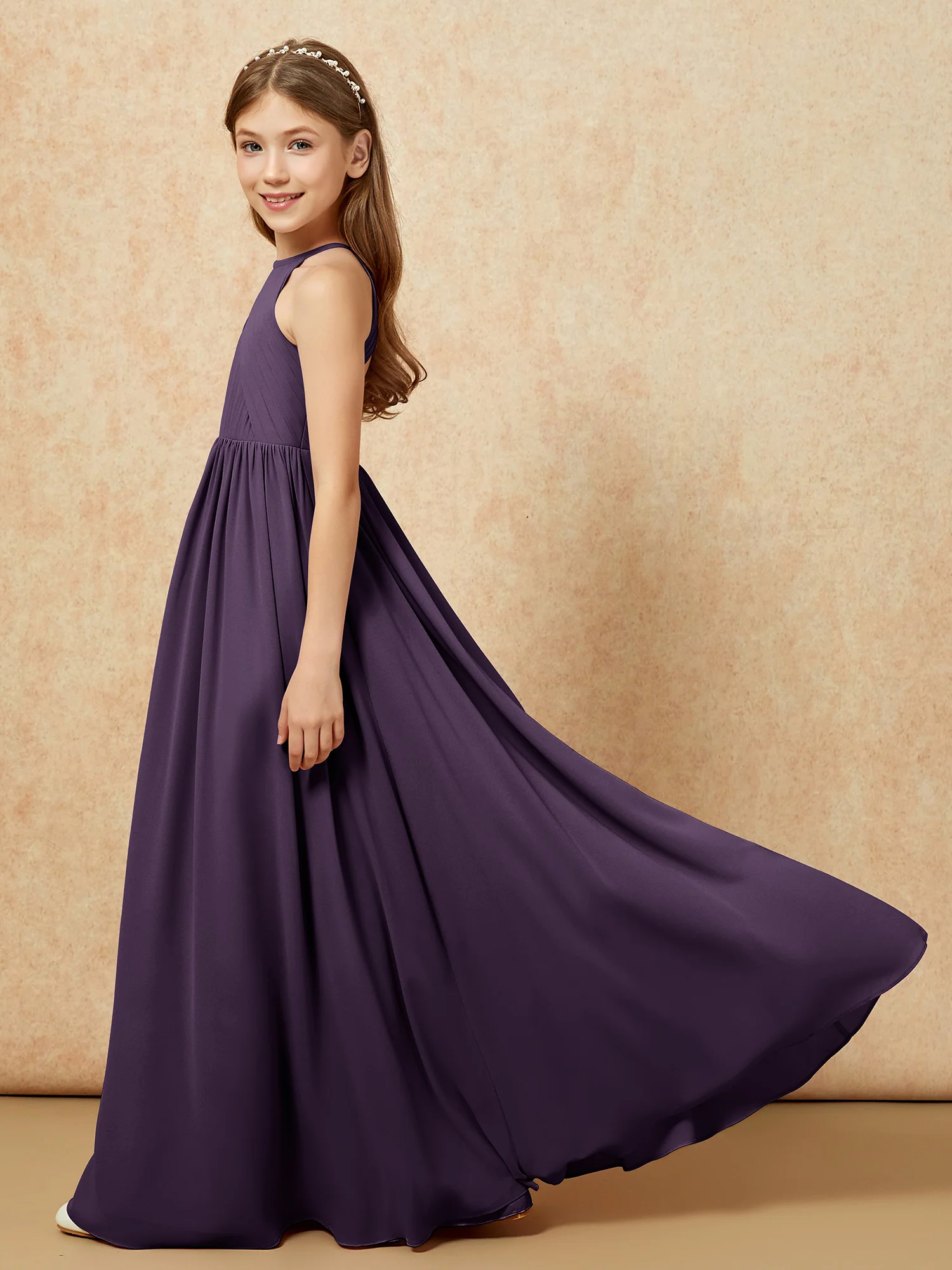 Halter Pleated Long Chiffon Junior Bridesmaid Dress Plum - Image 7