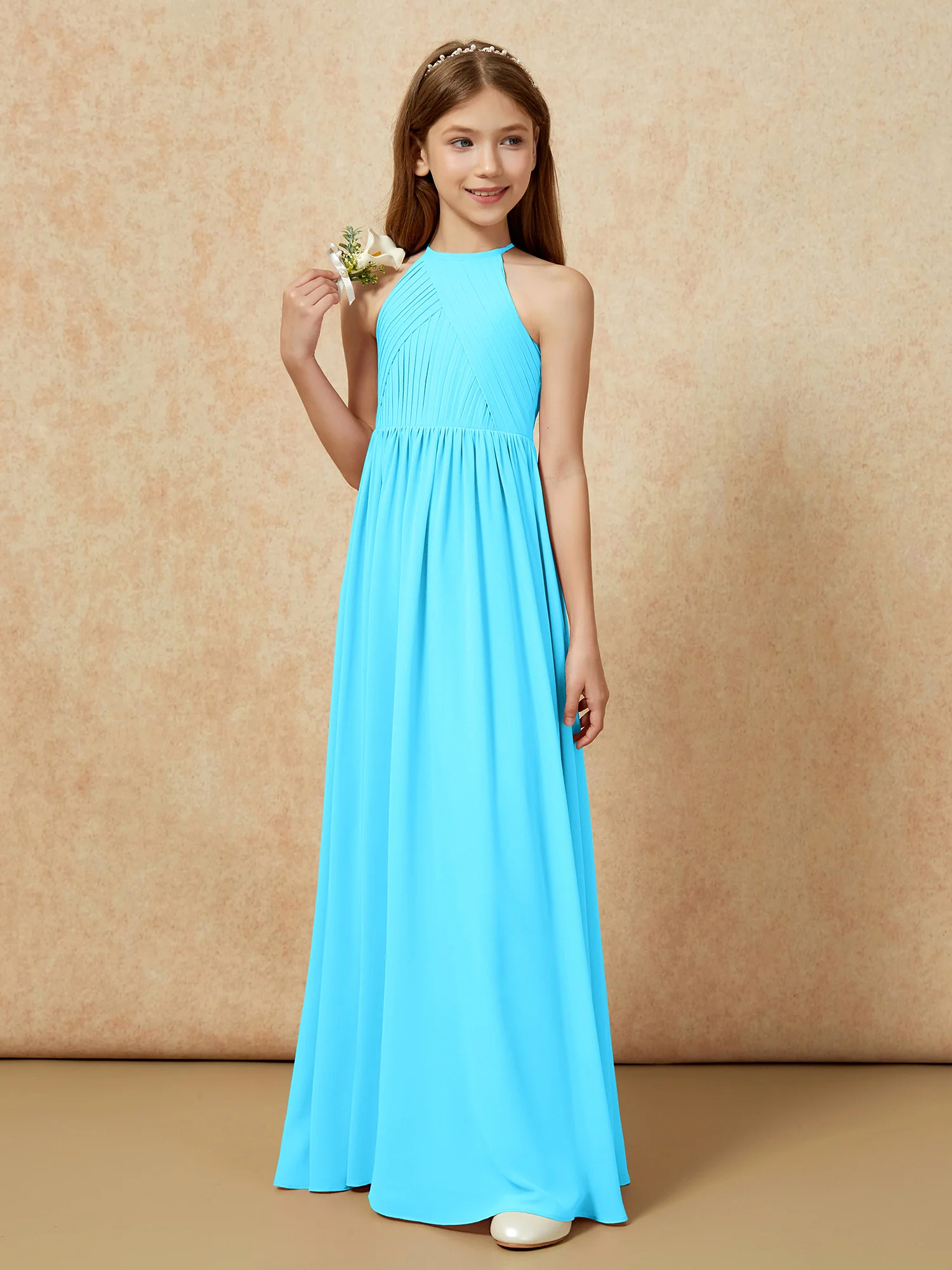 Halter Pleated Long Chiffon Junior Bridesmaid Dress Pool - Image 5