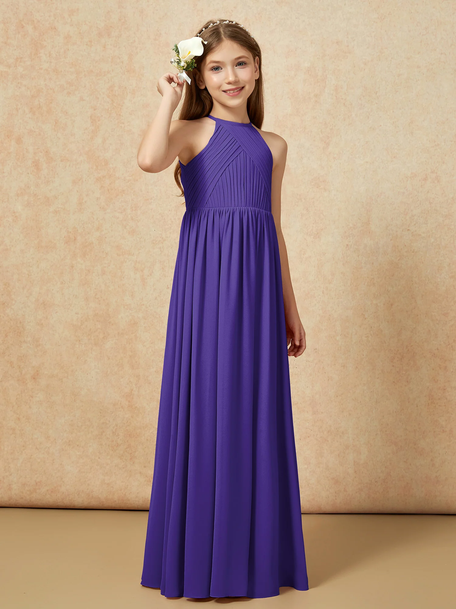 Halter Pleated Long Chiffon Junior Bridesmaid Dress Regency - Image 4