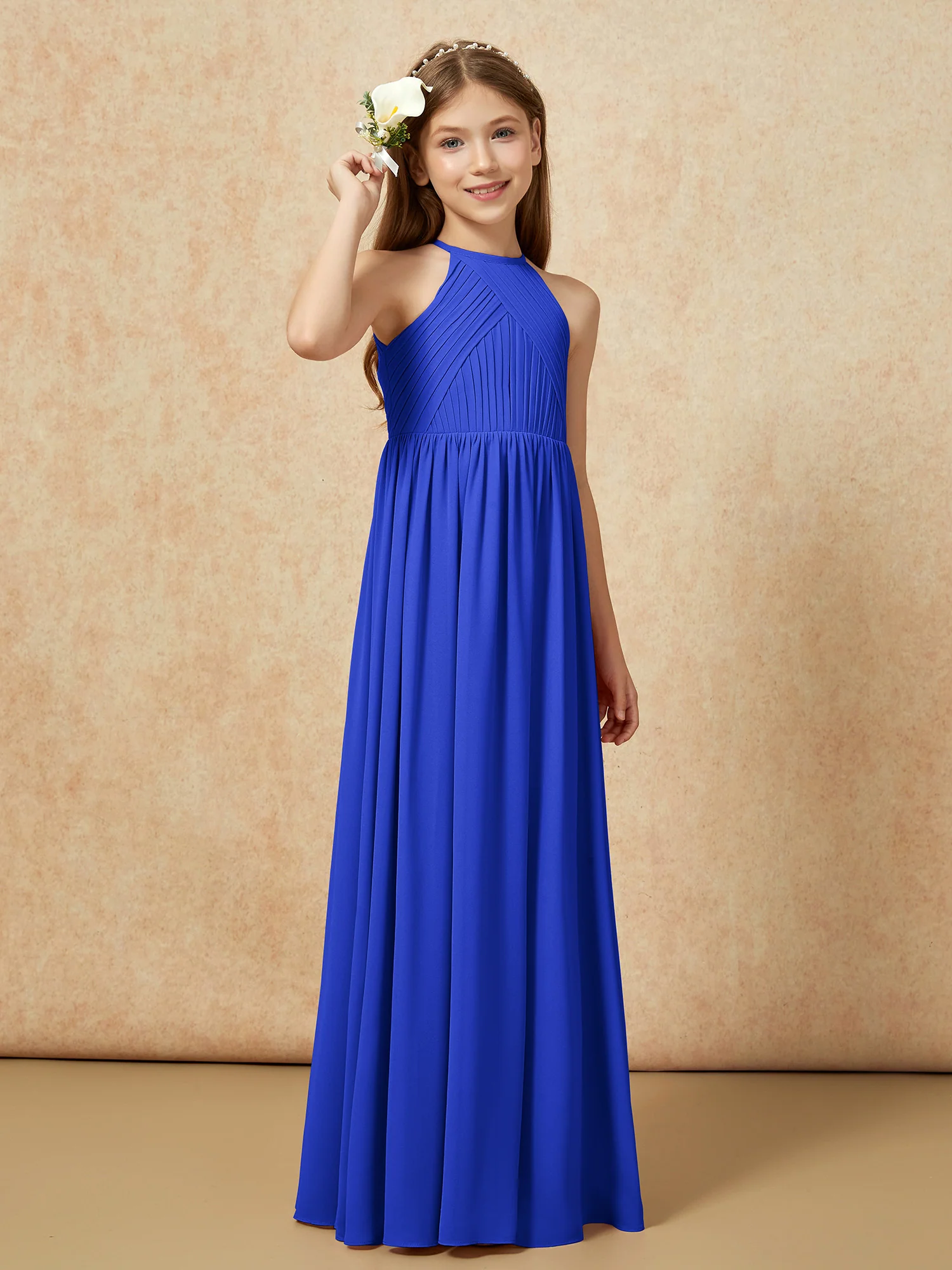 Halter Pleated Long Chiffon Junior Bridesmaid Dress Royal Blue - Image 4