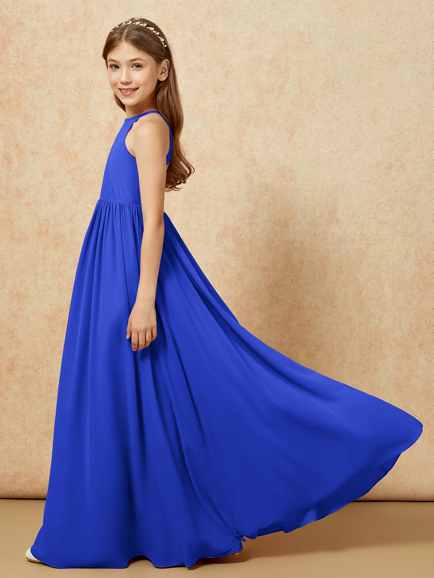 Halter Pleated Long Chiffon Junior Bridesmaid Dress Royal Blue - Image 7