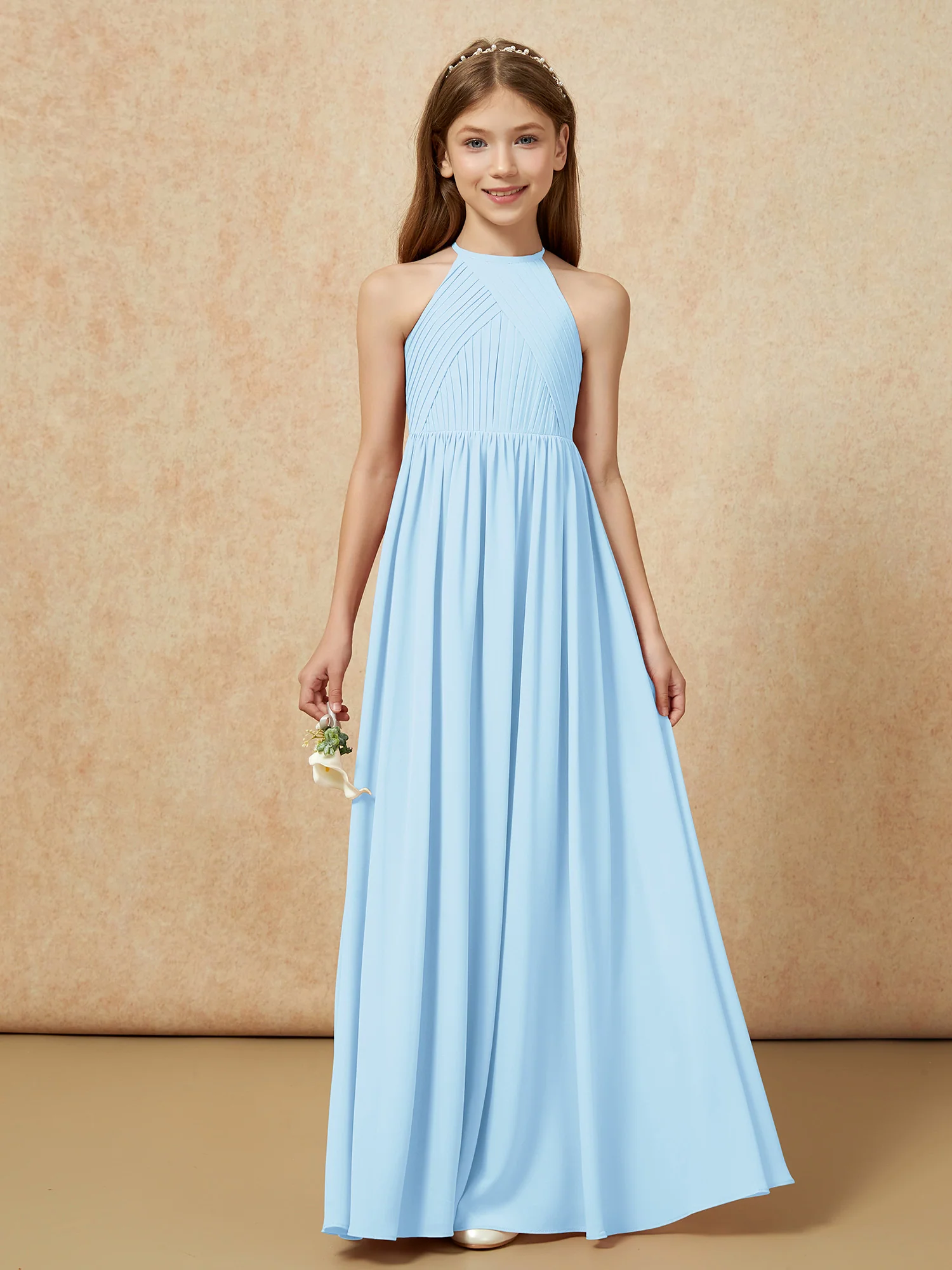 Halter Pleated Long Chiffon Junior Bridesmaid Dress Sky Blue