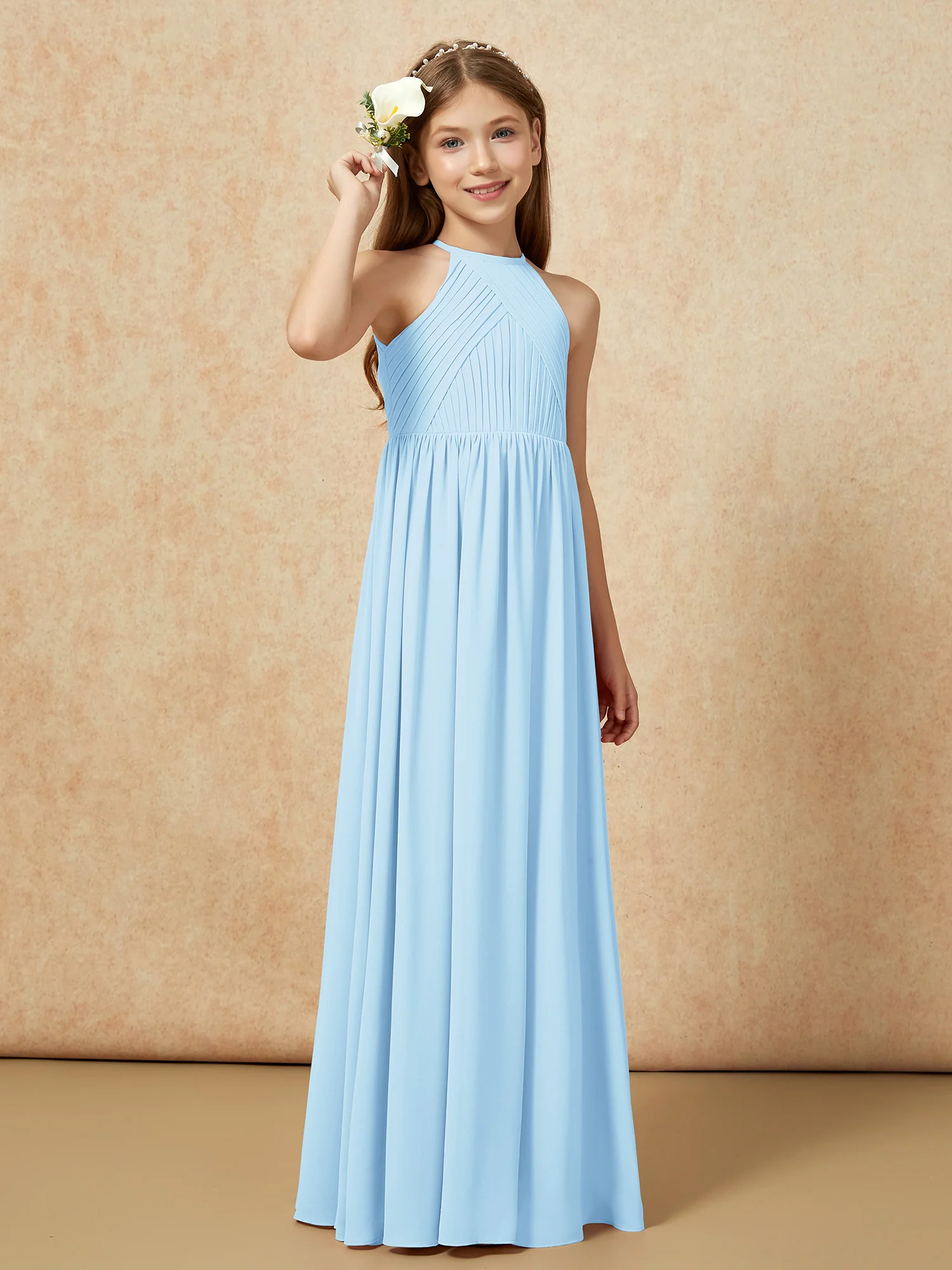 Halter Pleated Long Chiffon Junior Bridesmaid Dress Sky Blue - Image 4