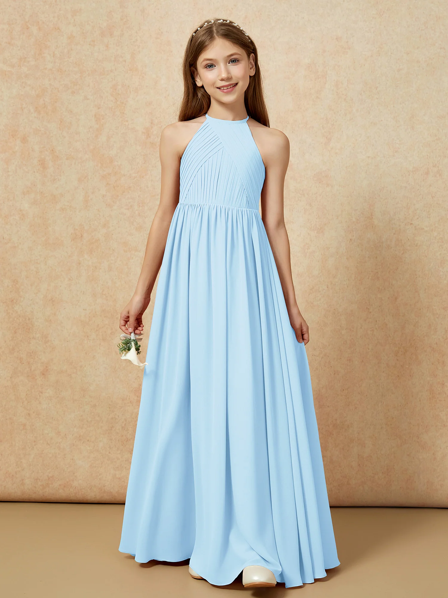 Halter Pleated Long Chiffon Junior Bridesmaid Dress Sky Blue - Image 6