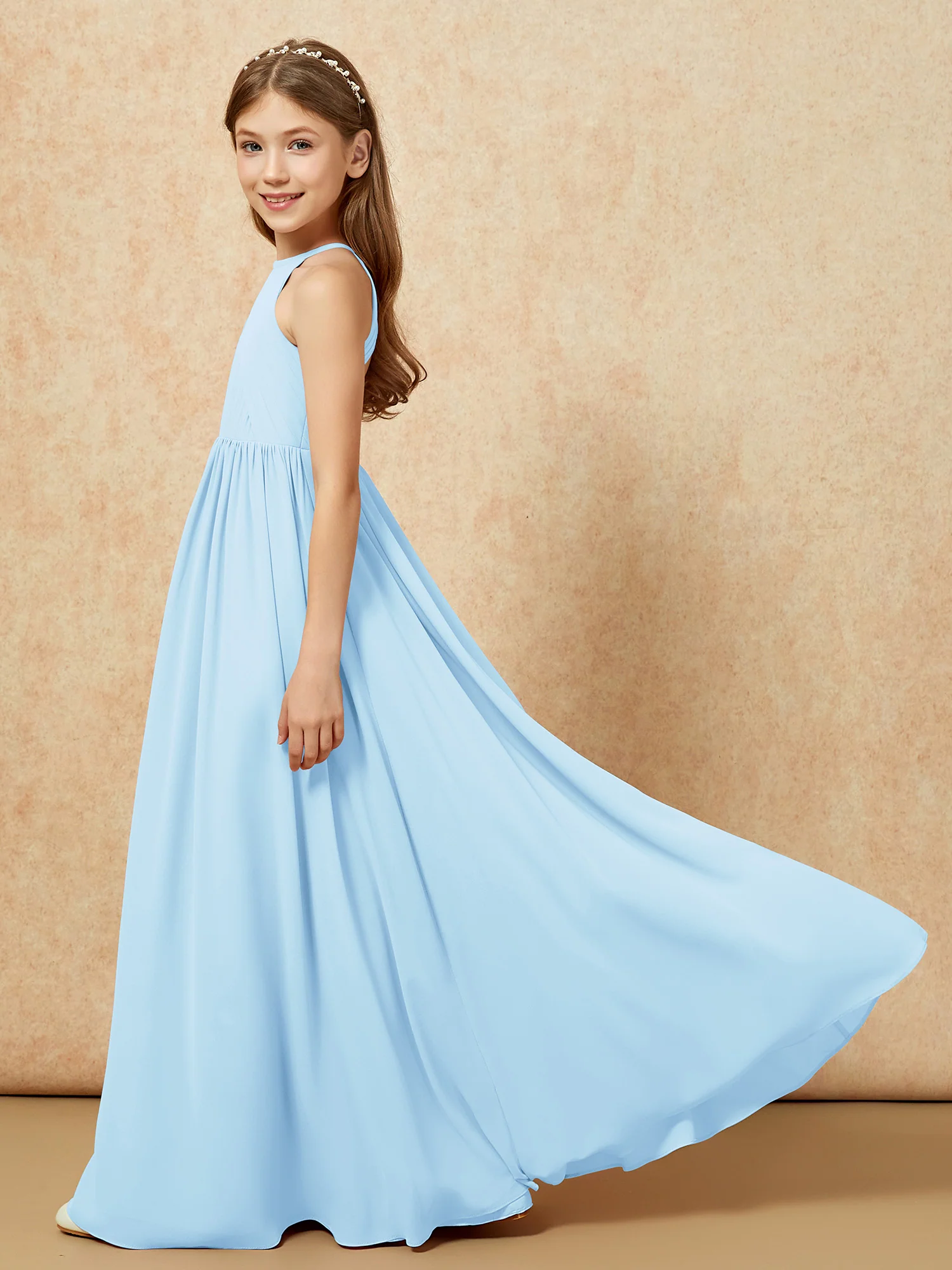 Halter Pleated Long Chiffon Junior Bridesmaid Dress Sky Blue - Image 7